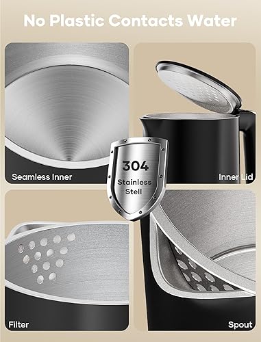 Miniatura 3 de Hervidor eléctrico, acero inoxidable de doble pared de 1.7 L, caldera de agua y calentador, olla de té caliente de 1500 W, apagado automático y