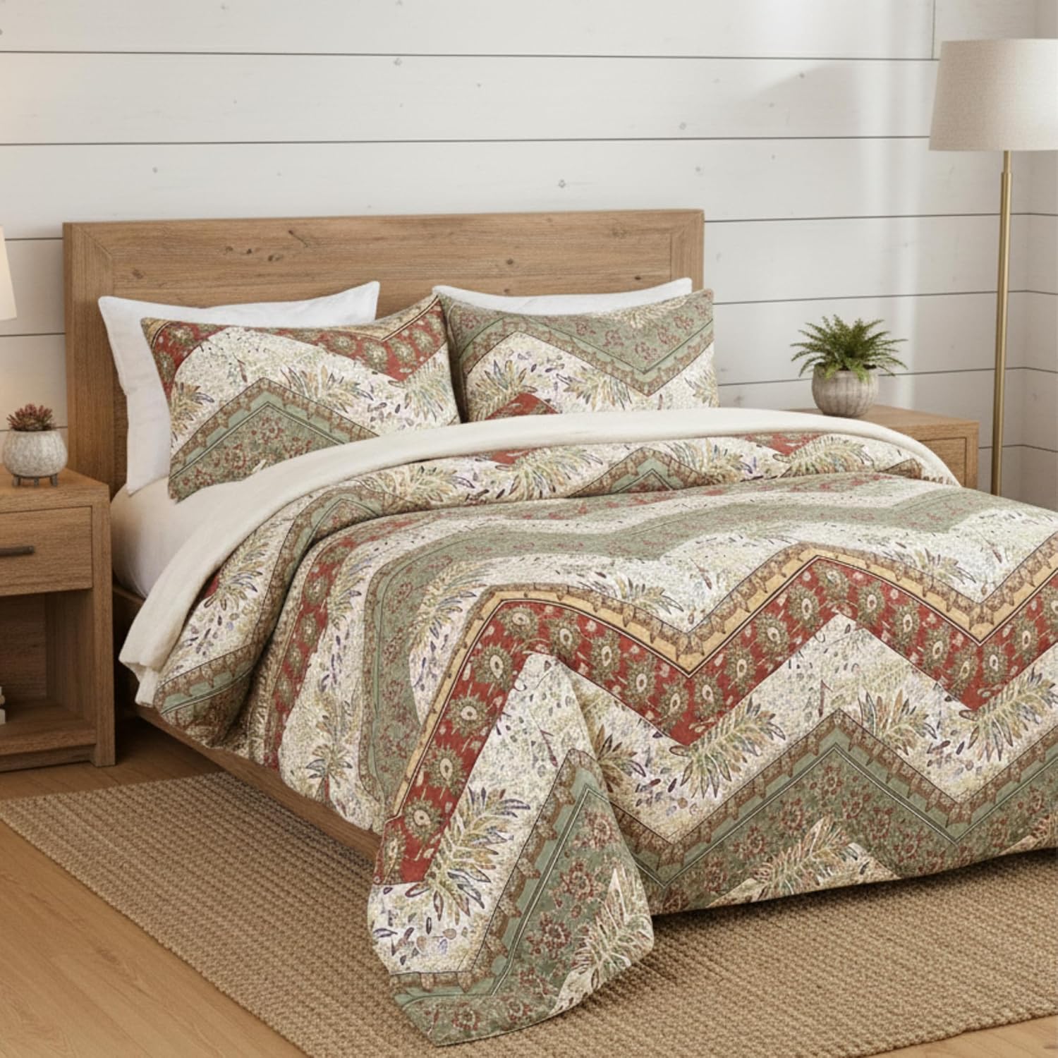 DaDalogy Bedding Botanical Floral Duvet Cover Set w/Pillow Cases - Bohemian Chevron Paisley Filigree Cranberry Red Sage Green Rainbow - Colorful Comforter Cover w/Corner Ties Zipper - Full - 3-Pieces