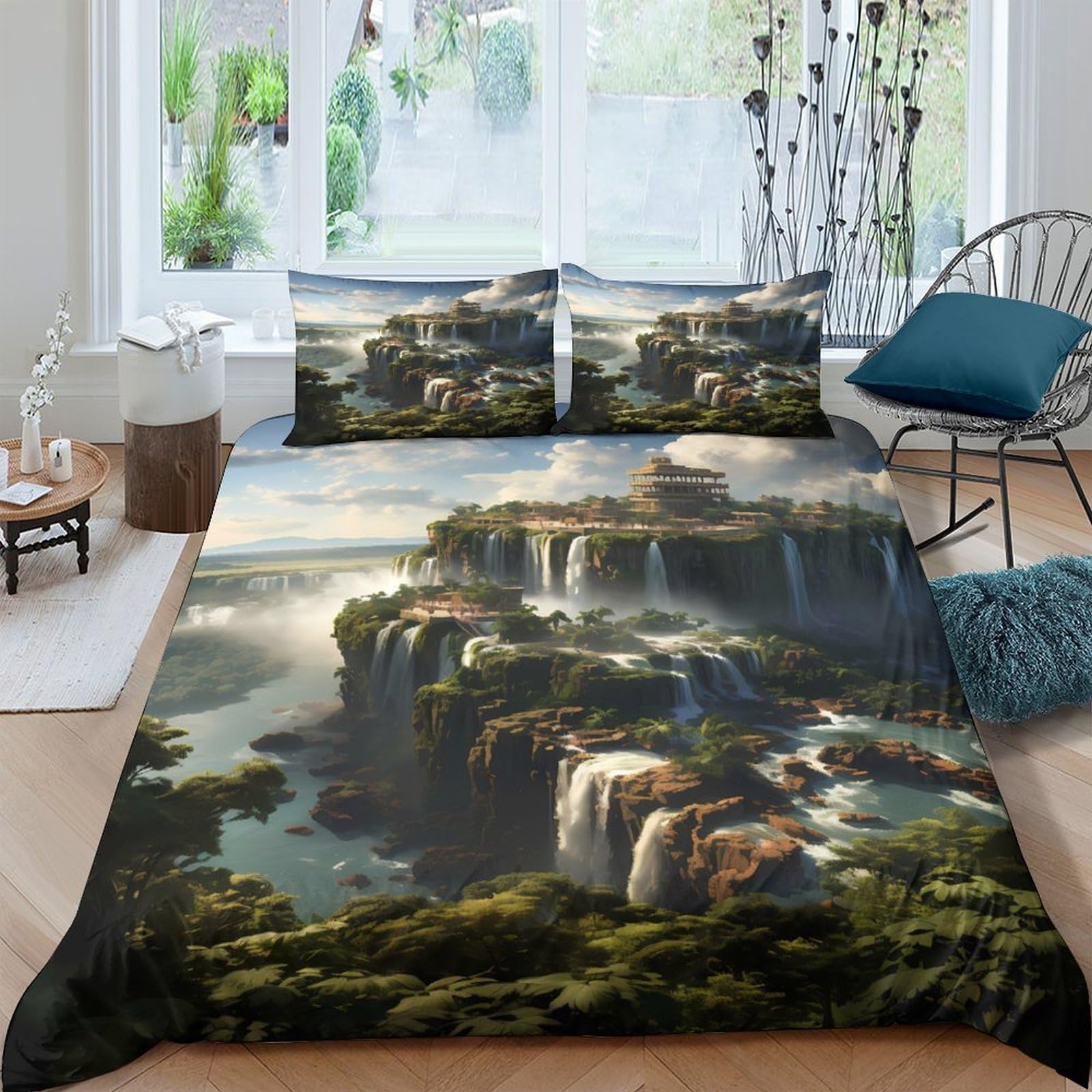 Ctjqhvkz Style-5 3D Printed Waterfall Forest Fitted Sheet Microfiber Artistic Nature Landscape Mattress Cover Bedroom Decor Single（135X200cm）