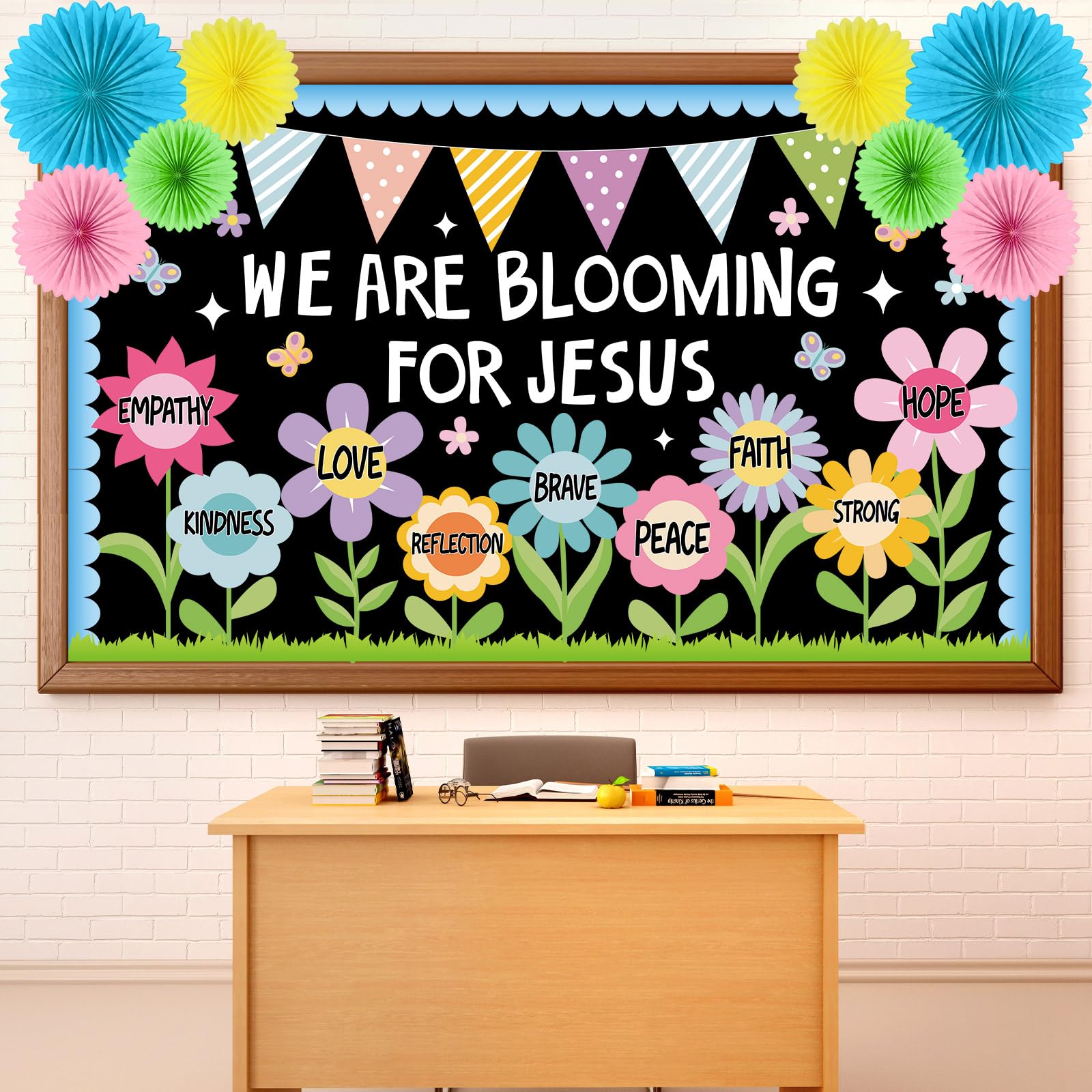 Christian Religious Bulletin Board Set Summer Floral Sunday School Classroom Decoration Positive Paper Fans 3D DIY We are Blooming for Jesus Cutouts for Church VBS Chalkboard Wall Prayer Board Decor
