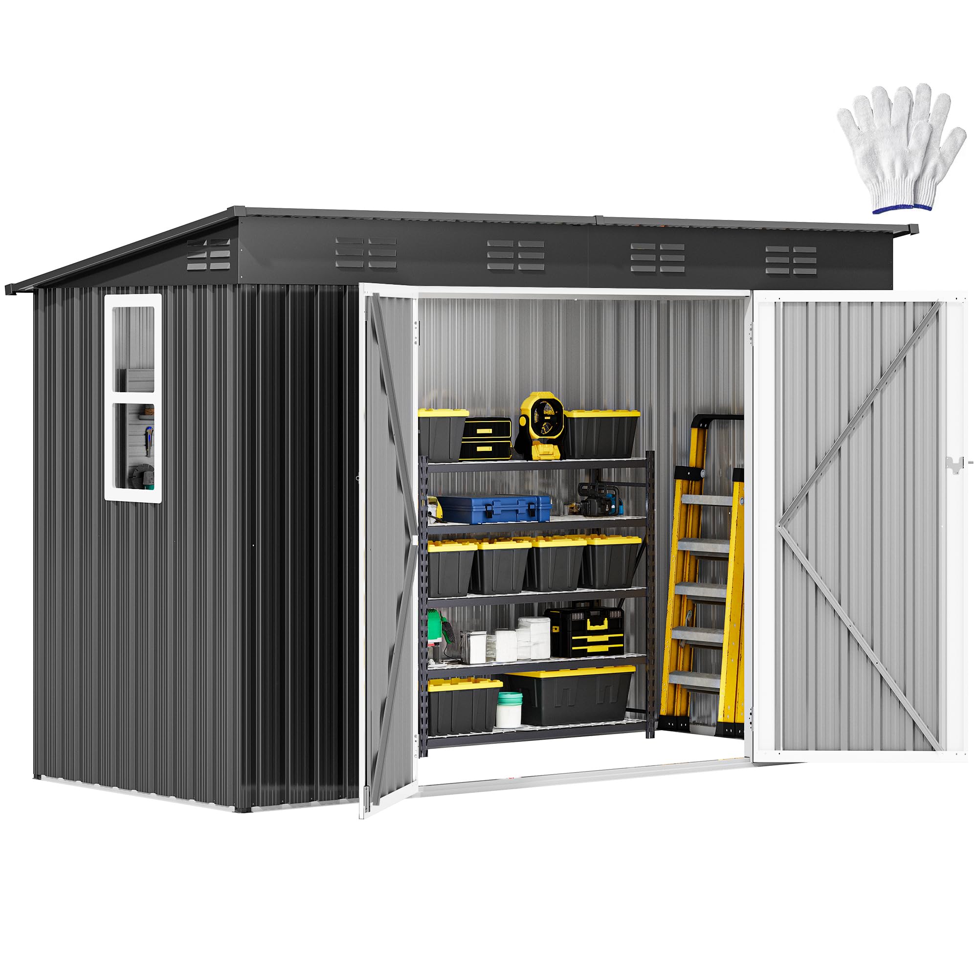 Photo 1 of DWVO 9x4ft Metal Outdoor Storage Shed with Window, Lockable Tool Storage Sheds, Oversized Steel Garden Sheds with Sloped Roof for Backyard, Patio, Garage, Lawn, Dark Gray