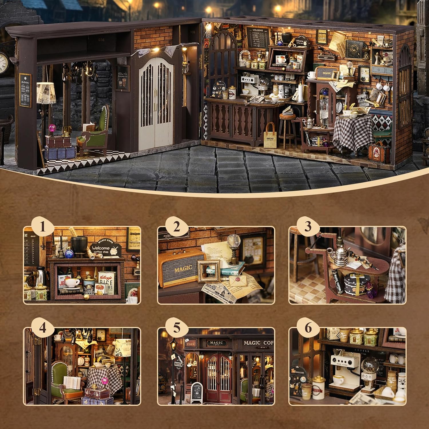 Fsolis DIY Miniature Dollhouse Kit for Adults - Tiny House Mini Scene 3D Puzzles Gifts for Women Teenagers Craft Lovers (Magic Coffee)