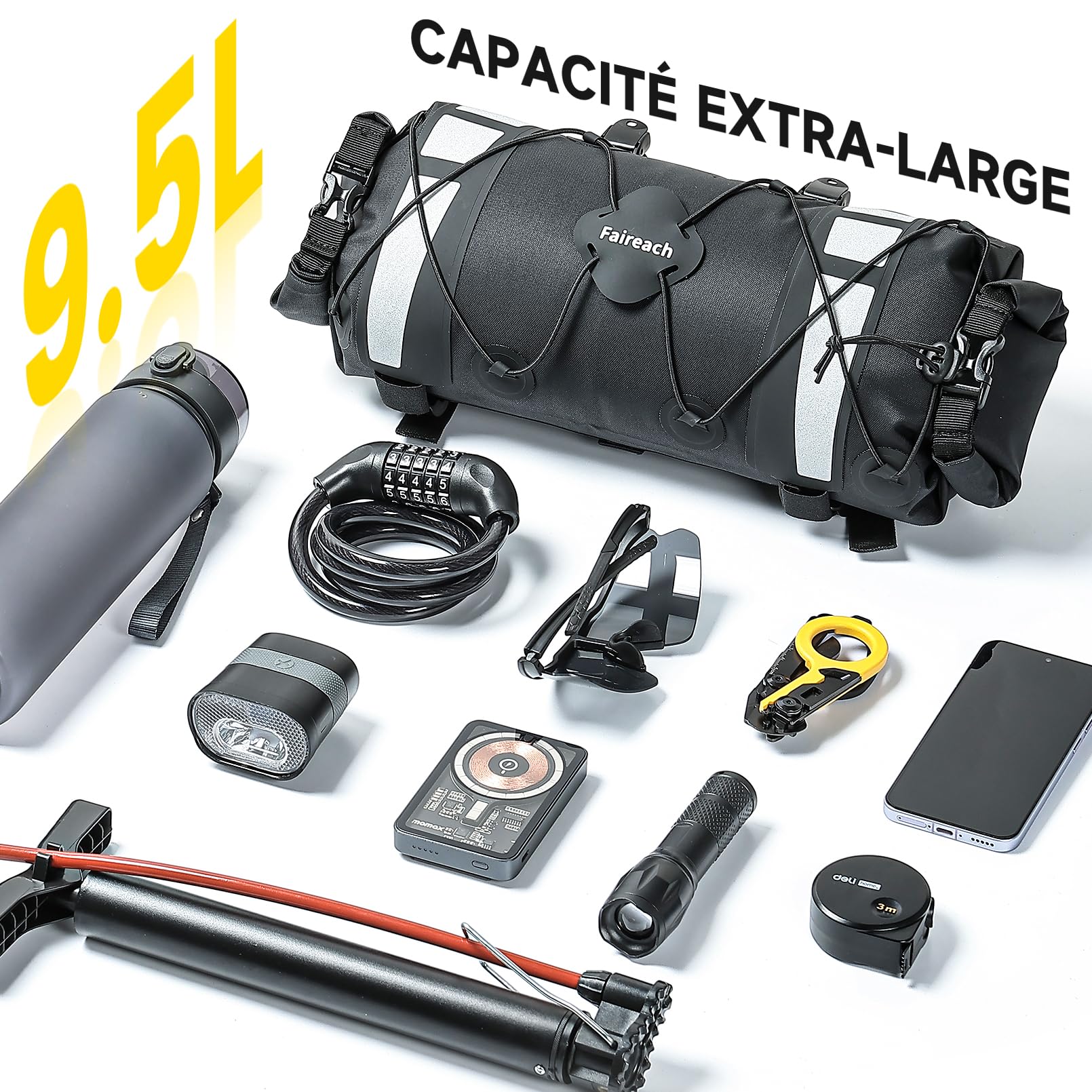 9.5L Sacoche de Guidon Vélo, Sacoche Vélo Étanche Grande Capacité avec Bande Réfléchissante, Sac Avant pour Vélo Route VTT Électrique, Noir, et Filet Externe en Corde Élastique