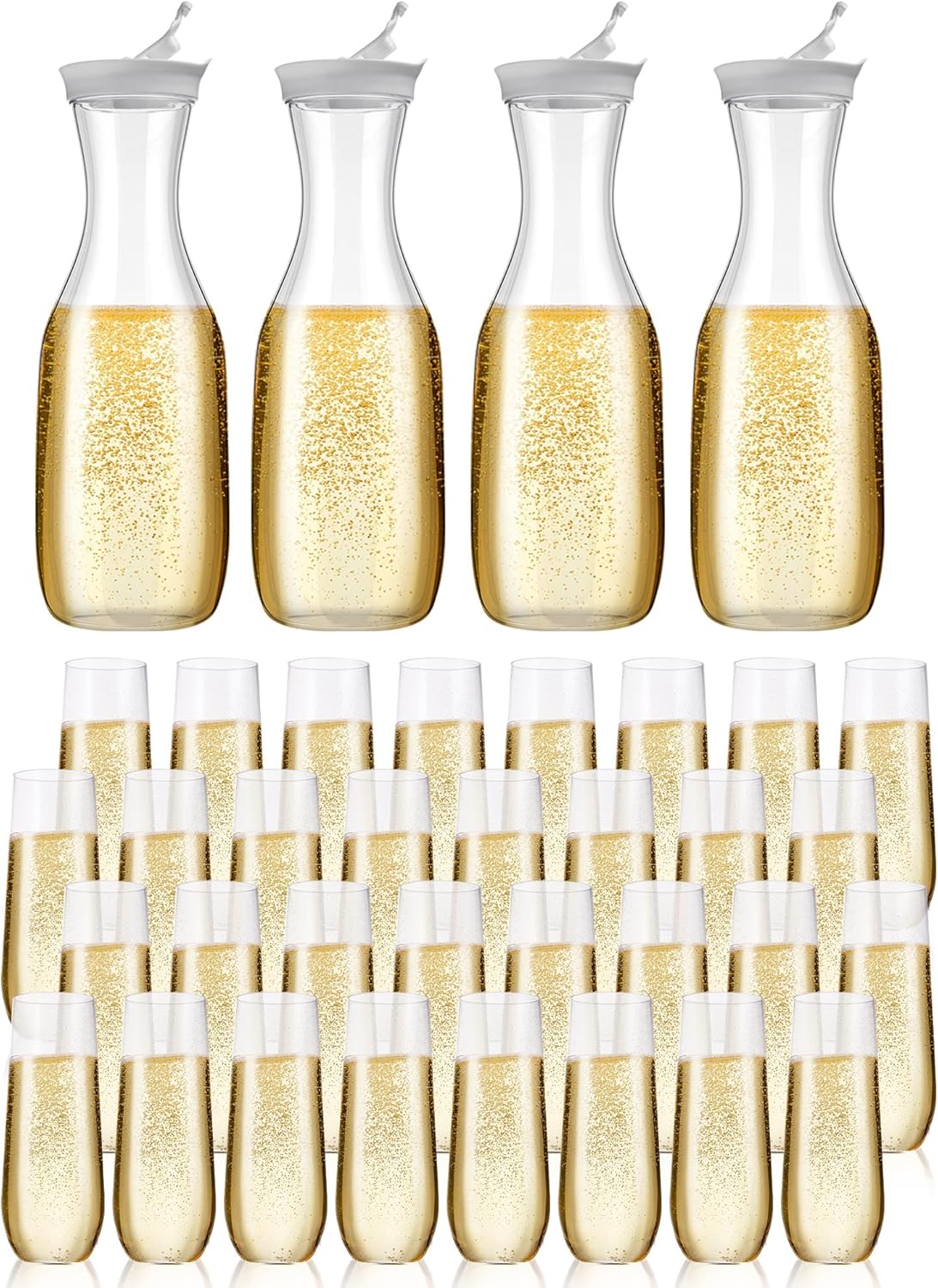 Patelai 36 Pack Mimosa Bar Supplies Kit 4 Pcs Champagne Flutes 50 oz Carafe with Lid and 32 Pcs 9 oz Plastic Stemless Champagne Glasses for Brunch Bubbly Bridal Shower Birthday Party Decorations