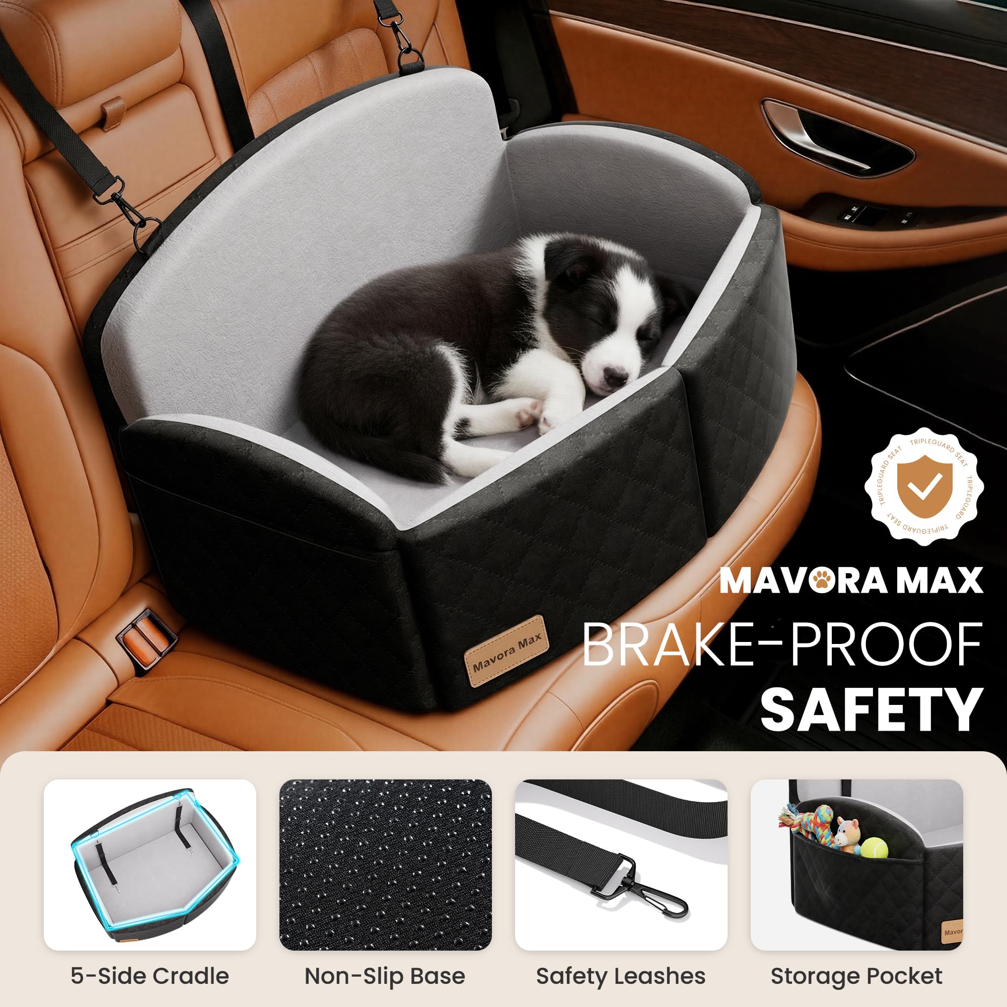 Dog Car Seat for Medium/Large Dogs, Memory Foam Dog Booster Seat with Thick Cushion up to 55 lbs or 2 Small Dogs, Travel Pet Car Seat with Detachable Washable Cover, 2 Safety Leashes (Black/Grey) - image 3