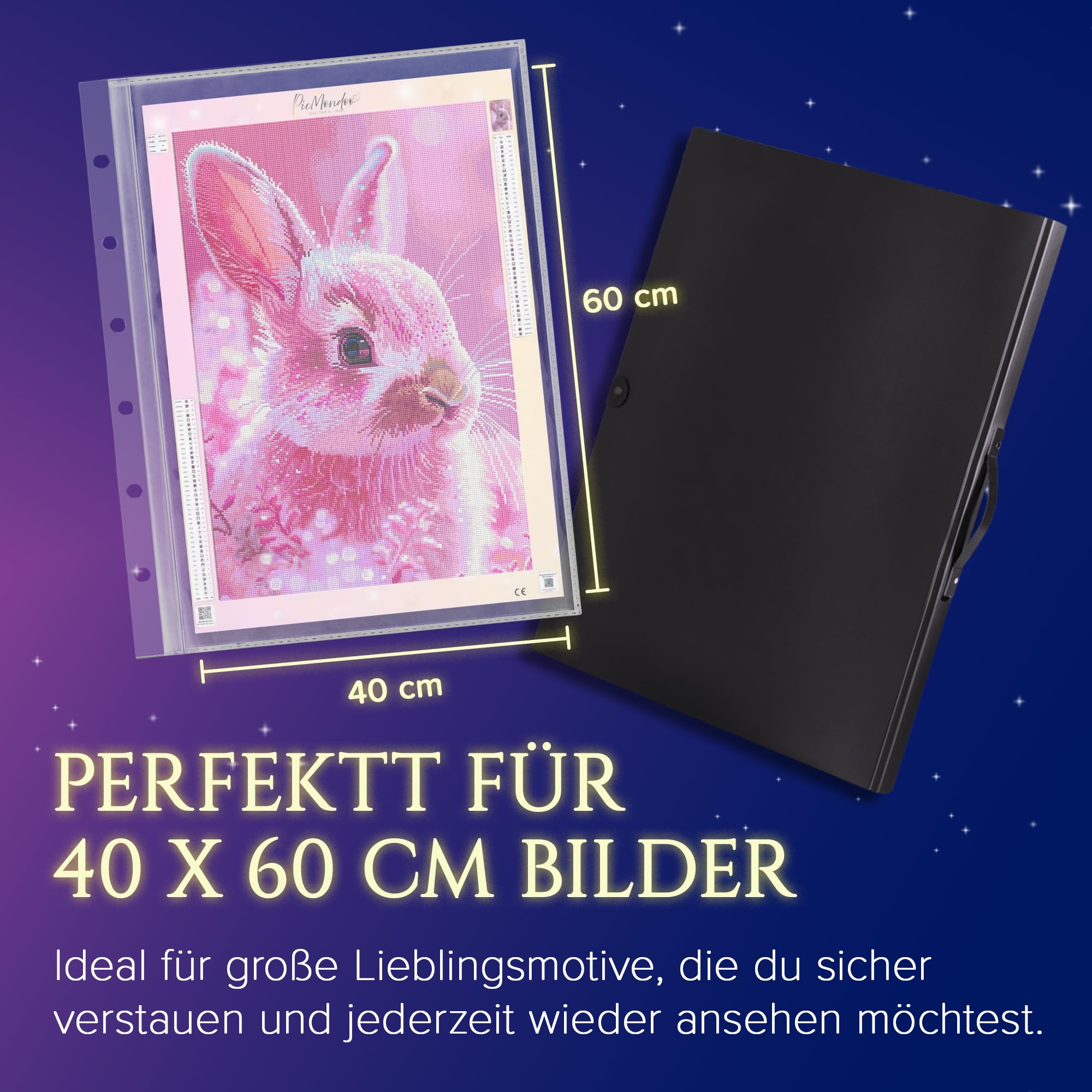 Picmondoo Diamond Painting Sammelmappe A2-80x58cm | 10 Klarsichthüllen für 40x60cm Bilder, schwarze A2-Mappe, erweiterbar & knickfreie Aufbewahrung