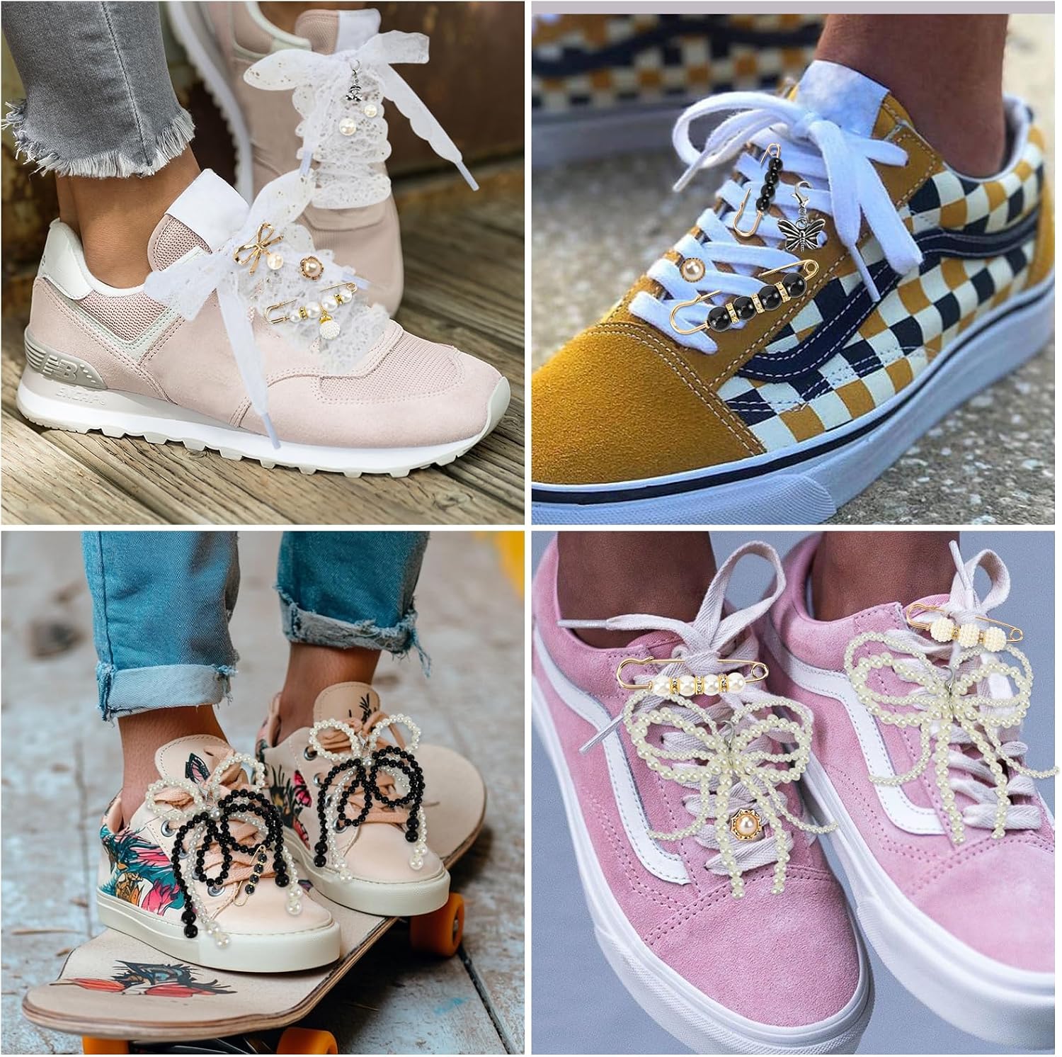 35Pcs Shoe Charms for Sneakers,Junk Socks Charms Kit with Lace Pearl Bow Shoelaces,Brooches and Pins for Women with Pearl,Shoelace Sock Clothes Charm for DIY Decoration