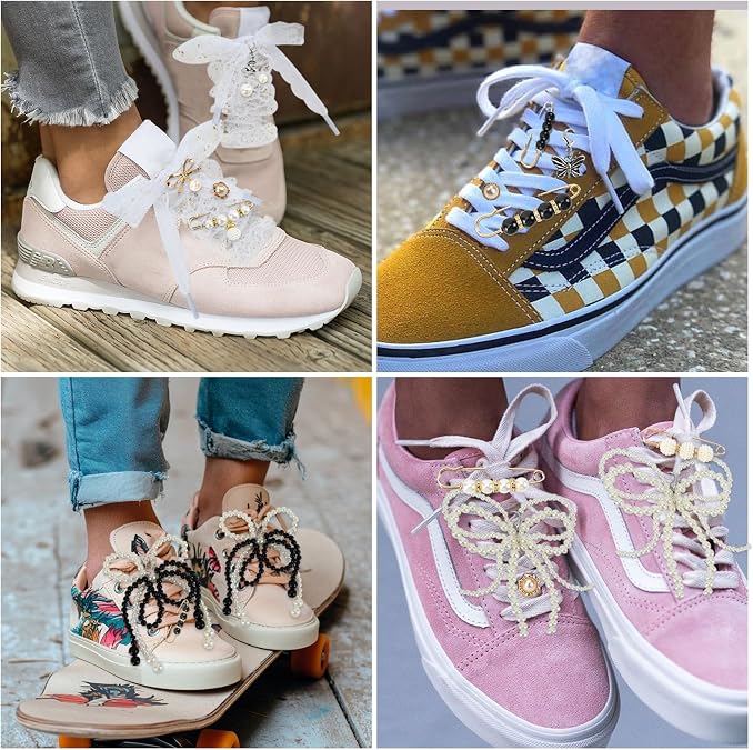 35Pcs Shoe Charms for Sneakers,Junk Socks Charms Kit with Lace Pearl Bow Shoelaces,Brooches and Pins for Women with Pearl,Shoelace Sock Clothes Charm for DIY Decoration