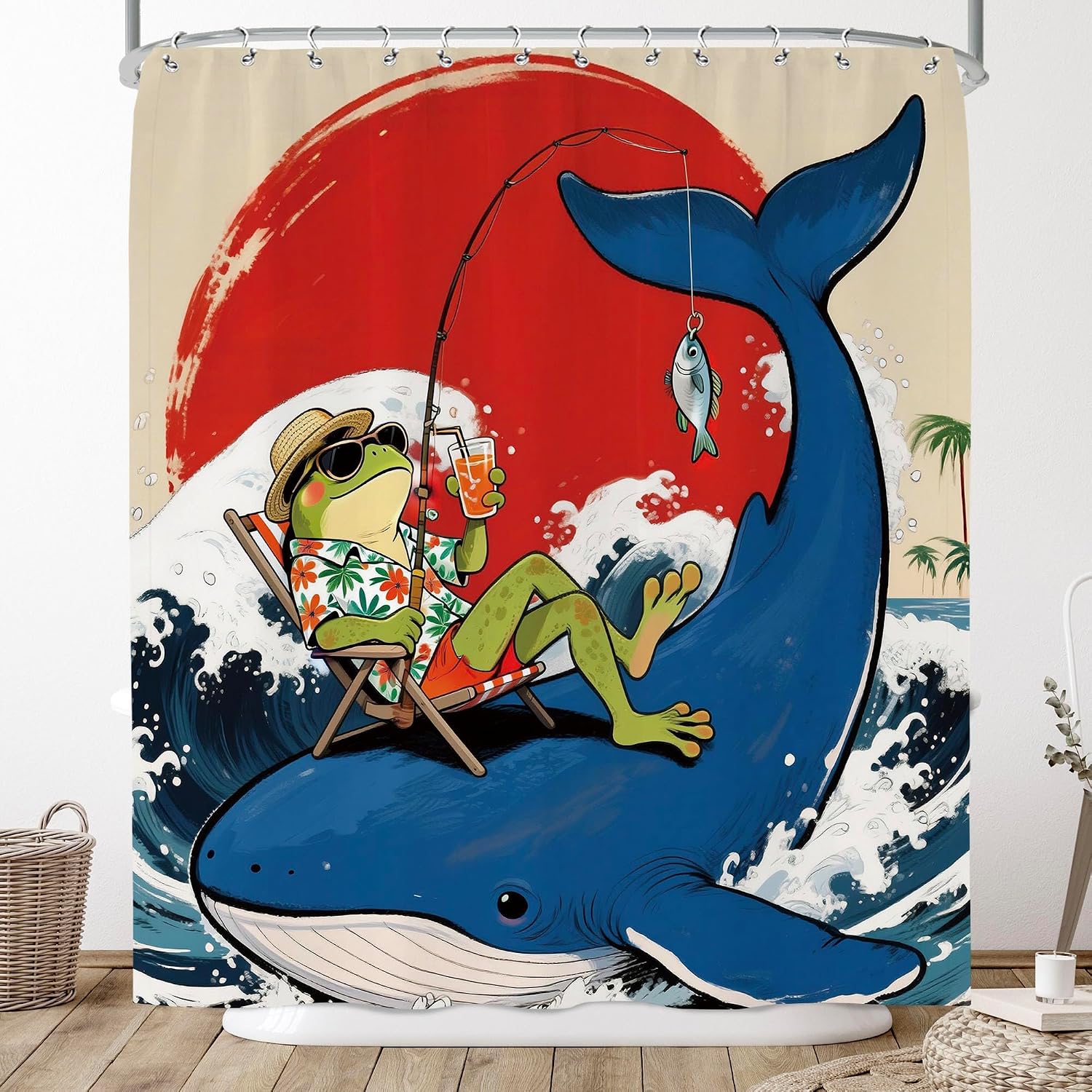 Funny Japanese Frog Hunting Ocean Whale Fish Shower Curtain image 2