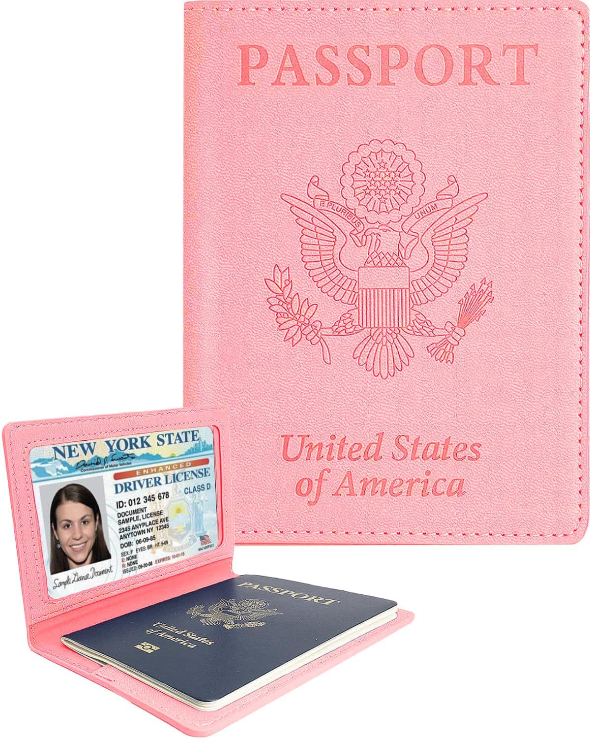 Sizobi Leather Passport Holder Covers Case, Passport Book Wallet Card Slot Luggage Tag, International Travel Must Haves Travel Accessories for Women Men, Cruise Ship Essentials, Travel Gifts, Pink Pink Minimalist