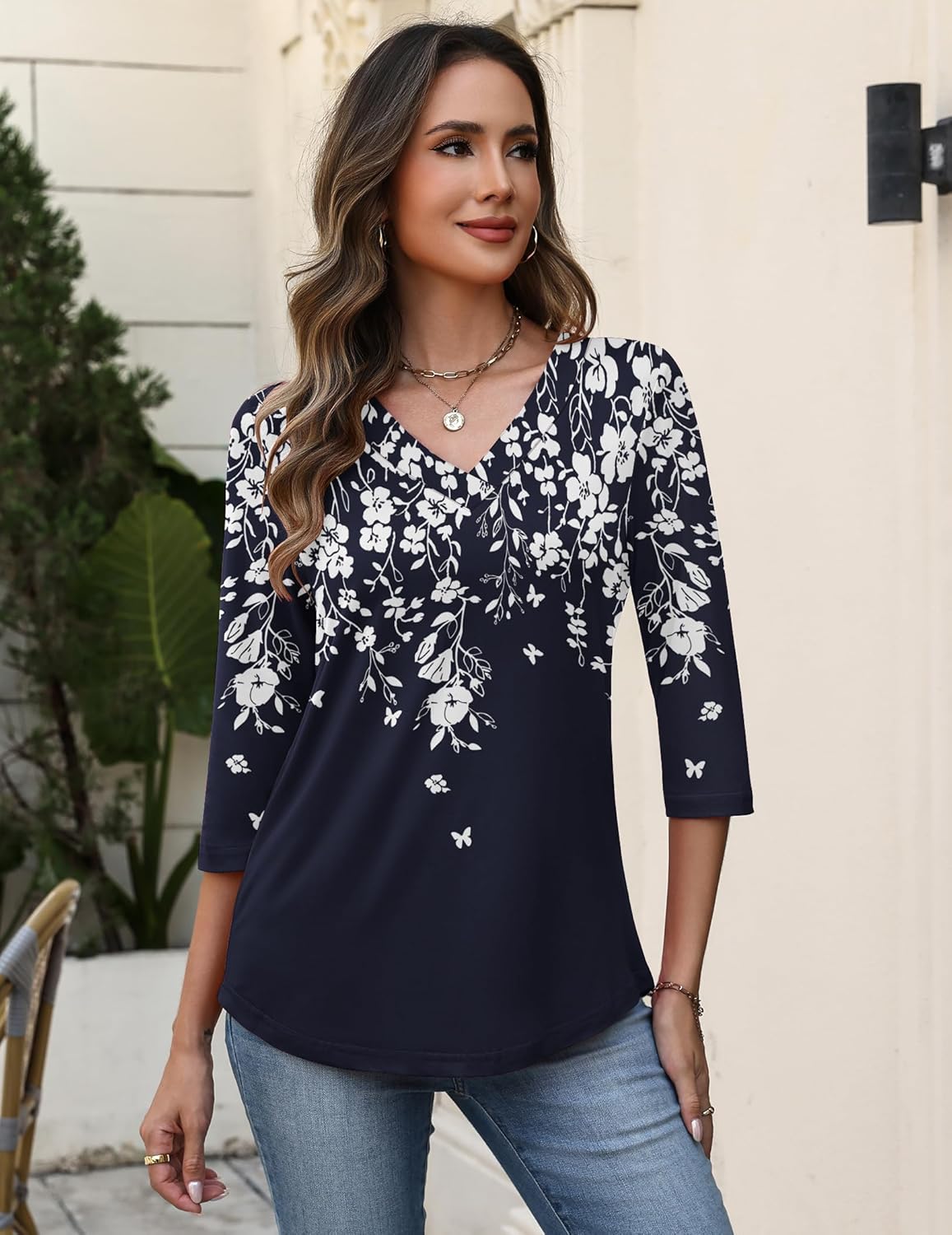 Zeagoo 3/4 Length Sleeve Womens Tops V Neck Shirt Dressy Casual Blouse Basic Tshirts 2026 Fashion Clothing S-2XL - Image 2