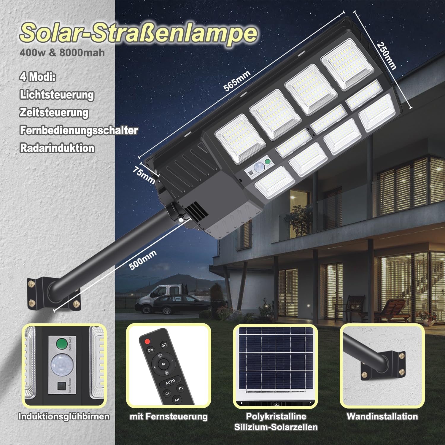 Daromigo 400W Lampione Solare LED Esterno, Lampade solari per esterni, Lampada solare a LED Luce solare esterna con sensore di movimento 6500K Lanterna stradale solare IP67 Impermeabile