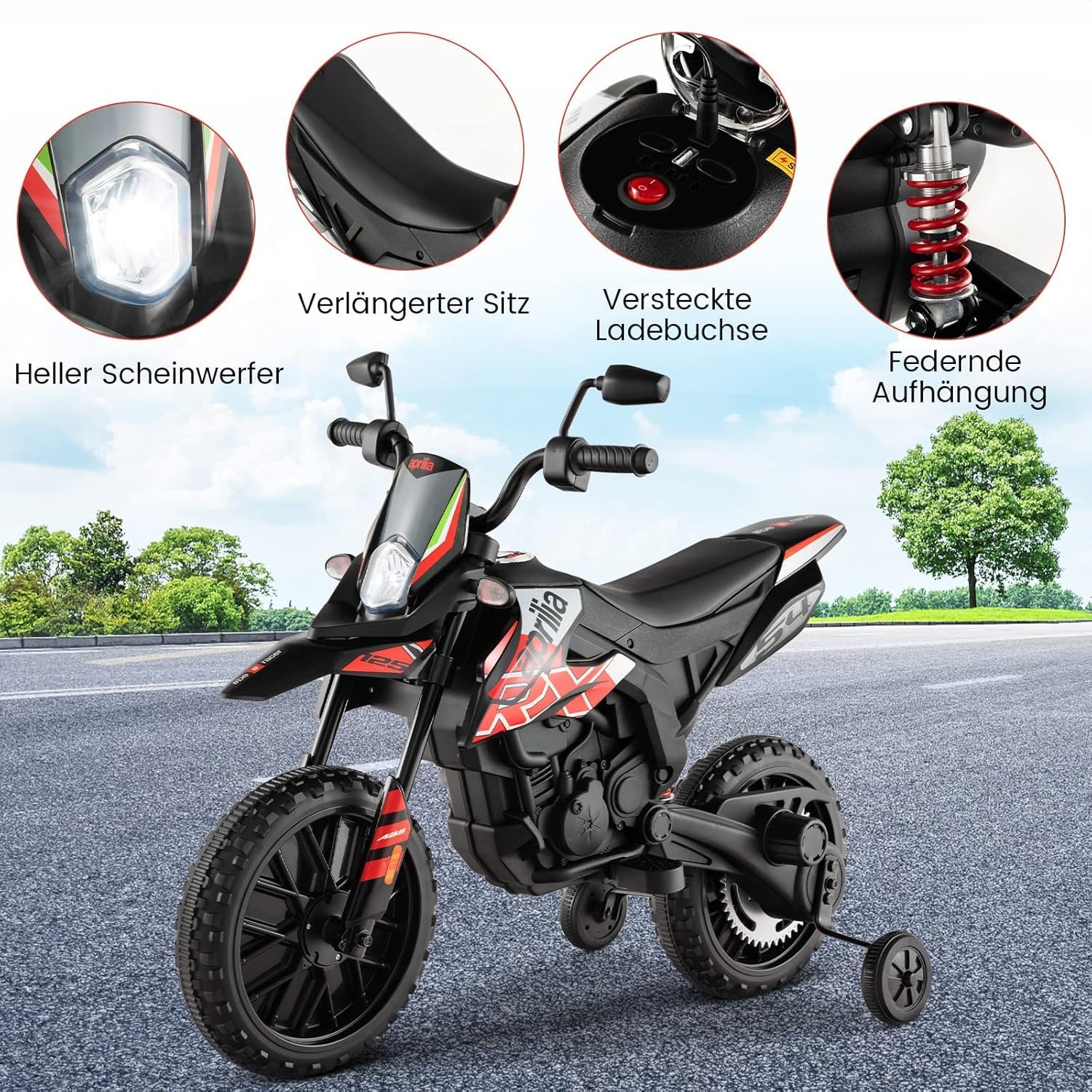 FANTASK Aprilia 12V Elektromotorrad für Kinder 5,5-6 km/h, Kindermotorrad mit Stützrädern & Musik & Scheinwerfer, Rote und Schwarze Motorrad für Kinder von 3 bis 8 Jahren, Rot