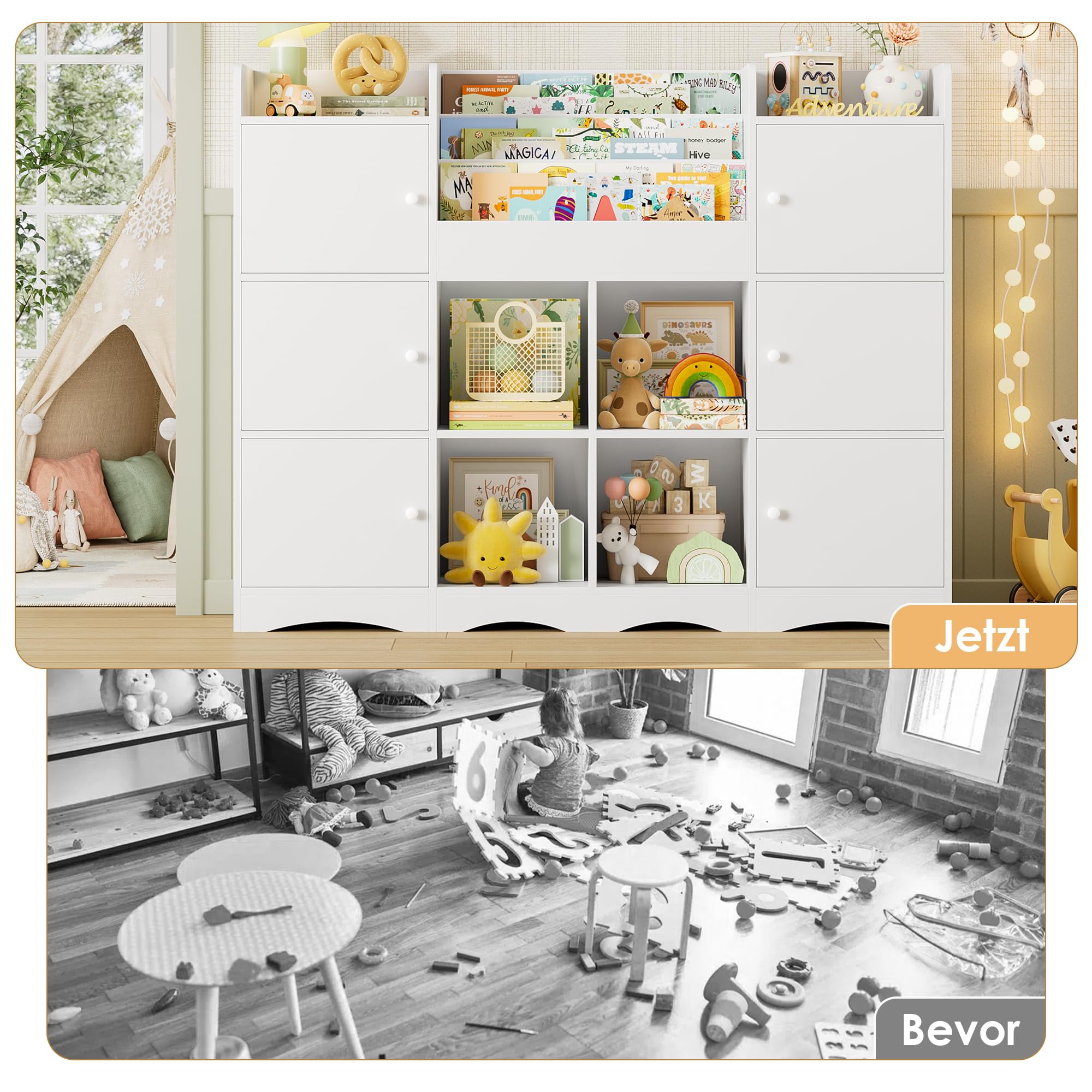 FOREHILL Kinderregal mit 12 Fächer, Bücherregal Kinder, Spielzeug Aufbewahrung, Kinderzimmer Möbel mit 6 Türen, Spielzeugregal mit Montessori Regal 140x30x106 cm Weiß