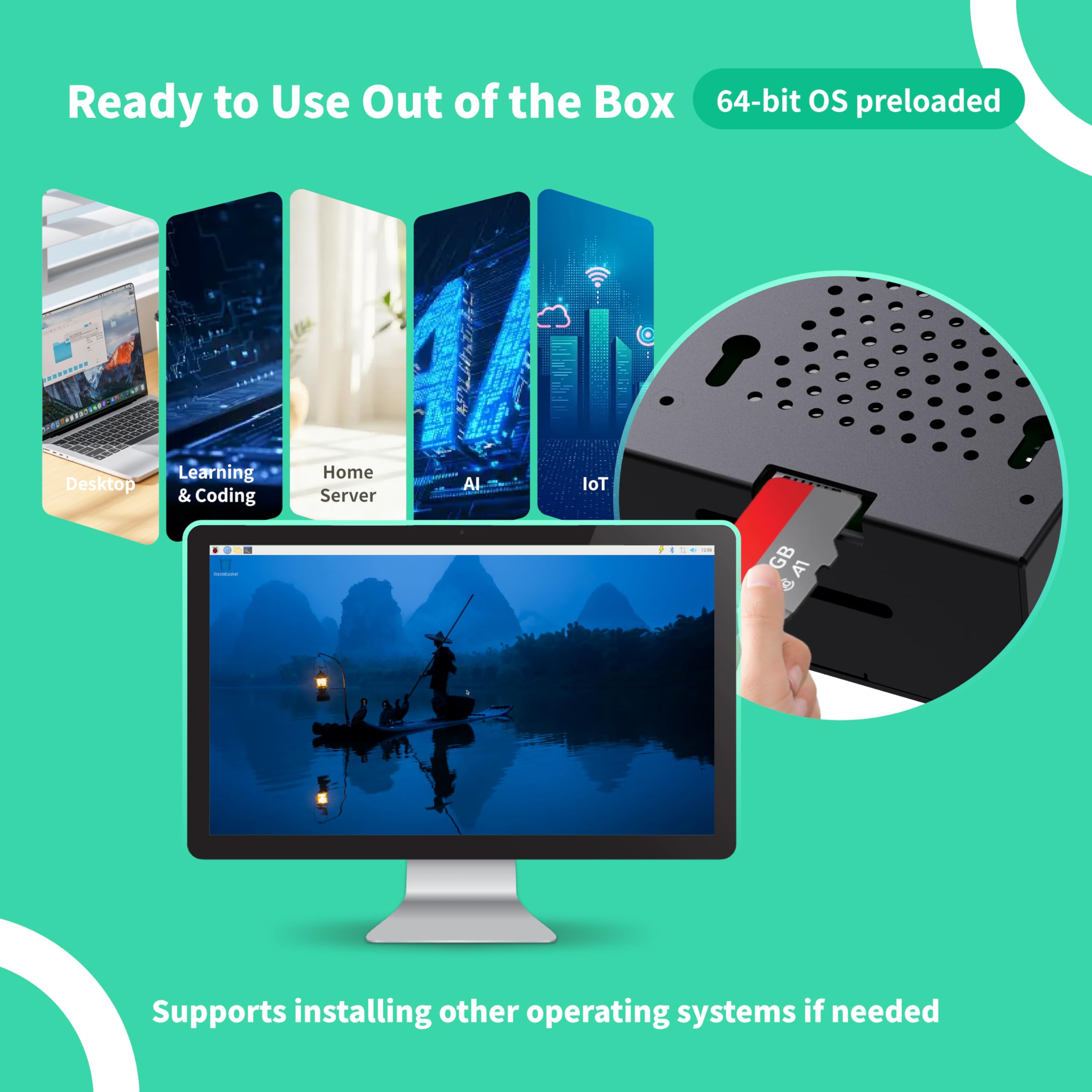TRASKIT Kit de inicio para Raspberry Pi 5 8 GB de RAM, tarjeta SD de 64 GB precargada con Pi OS de 64 bits
