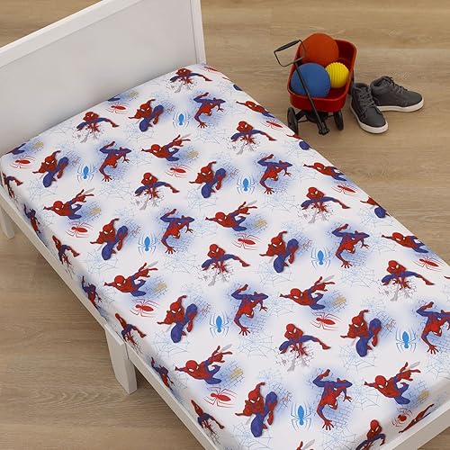 Vista 2 de Marvel Spiderman - Sábana bajera ajustable para cuna, 100% microfibra suave, sábana de bebé, se adapta a colchón de cuna de tamaño estándar de 28 x