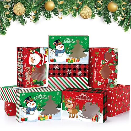 Funrous 28 cajas de galletas de Navidad, caja de panadería de Feliz Navidad con ventana, caja de regalo a cuadros de búfalo de Navidad con tapa,