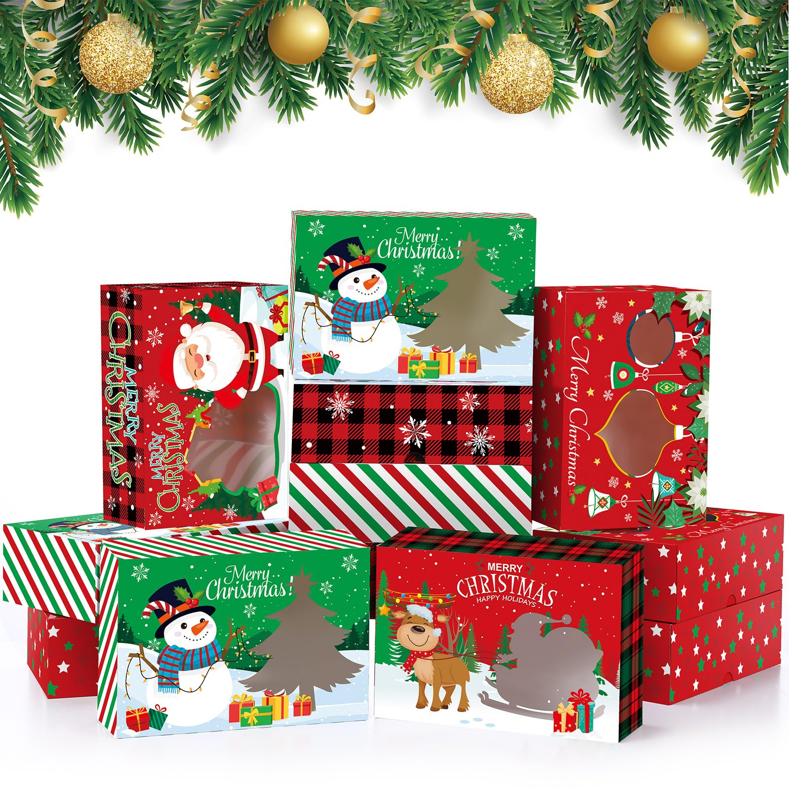 Funrous Lot de 28 boîtes à biscuits de Noël avec fenêtre et couvercle - Bonhomme de neige, Père Noël, renne - Cadeau de Noël - Fournitures de décoration