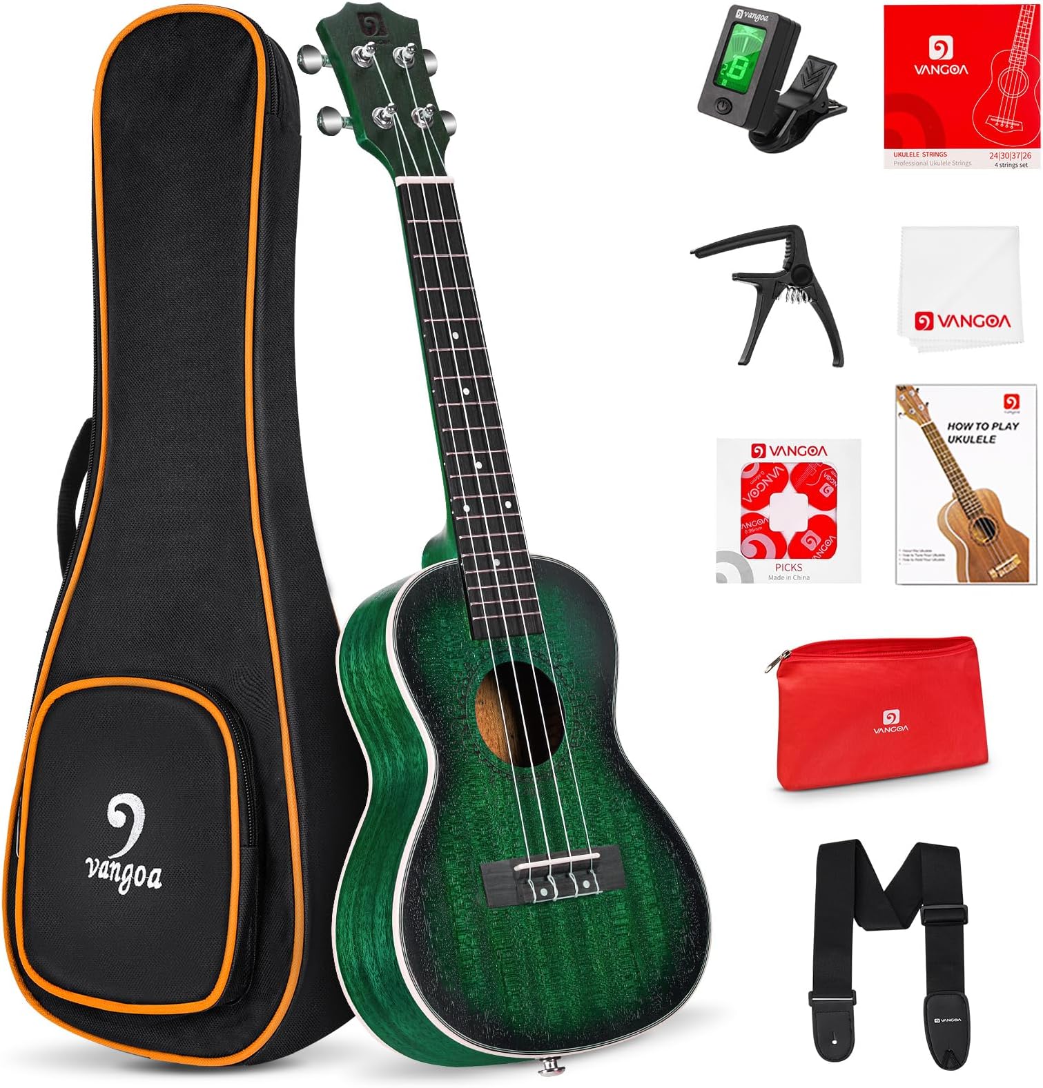 Concert Ukulele Professional 23 Inch Mahogany Ukelele for Adults Beginners Students Kids, Ukele Bundle Hawaiian Wood Uke, Four String Uke Starter Kit, Green
