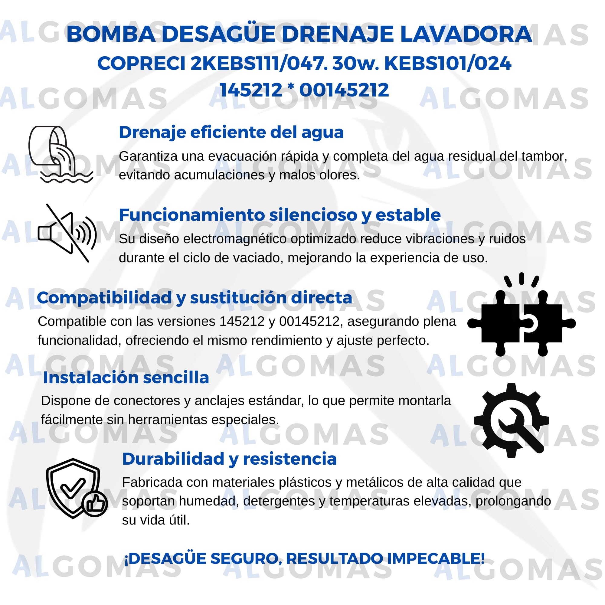 ALGOMAS® Bomba Desagüe Lavadora Copreci 2KEBS111/047. 30W. KEBS101/024 | 145212 00145212 | Repuesto Compatible con Bosch Balay Siemens | Incluye Filtro
