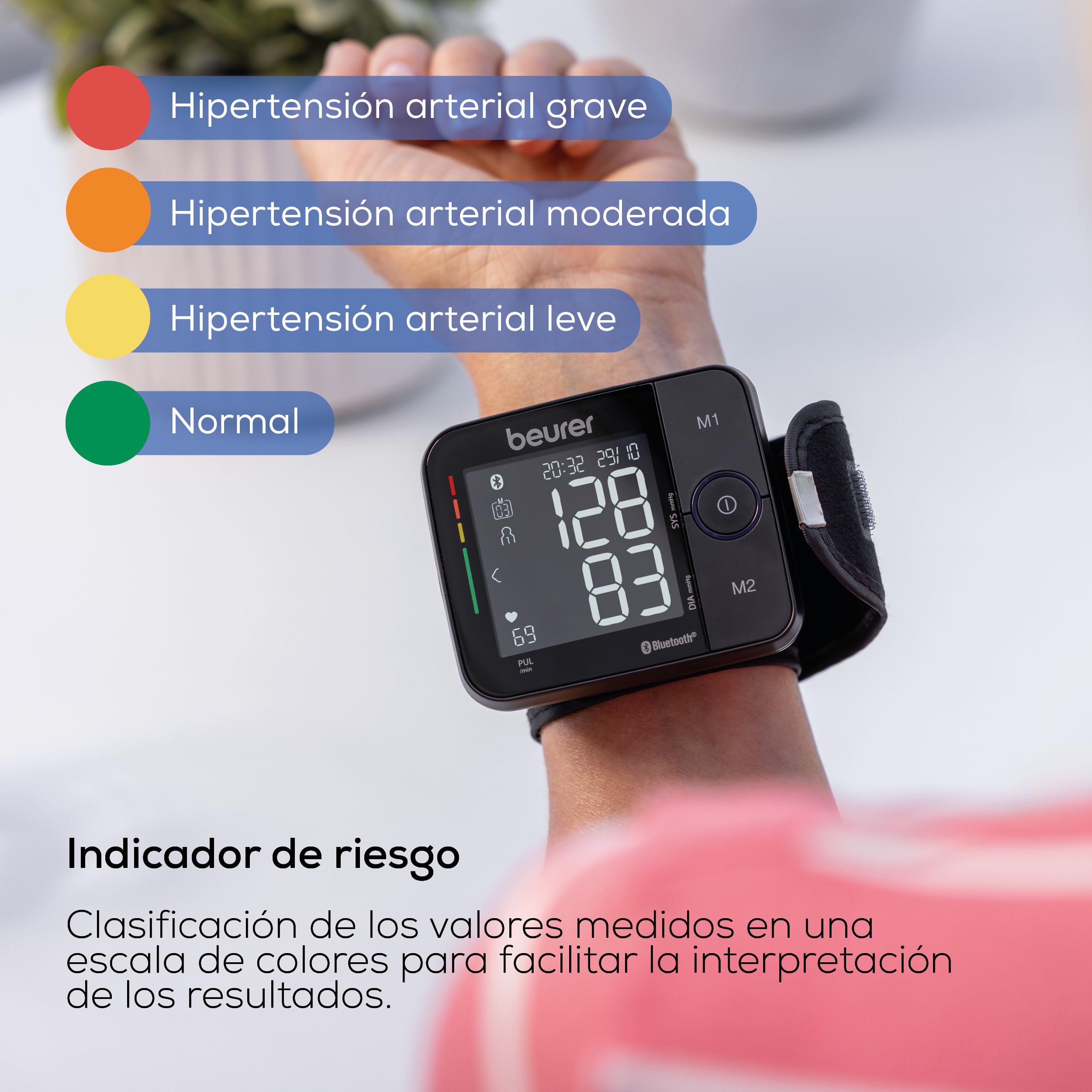 Beurer BC 54 tensiómetro de muñeca con tecnología de inflación, indicador de riesgo en color, detección de arritmias, muñeca 13,5-21,5 cm, con app, transferencia de datos a Apple Health