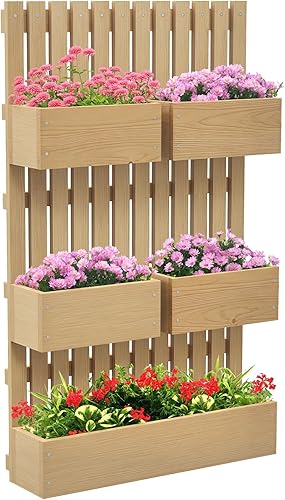 Outsunny Jardinera elevada de 5 cajas con enrejado para flores de vid y plantas trepadoras, juego de macetas de madera montadas en la pared de 39