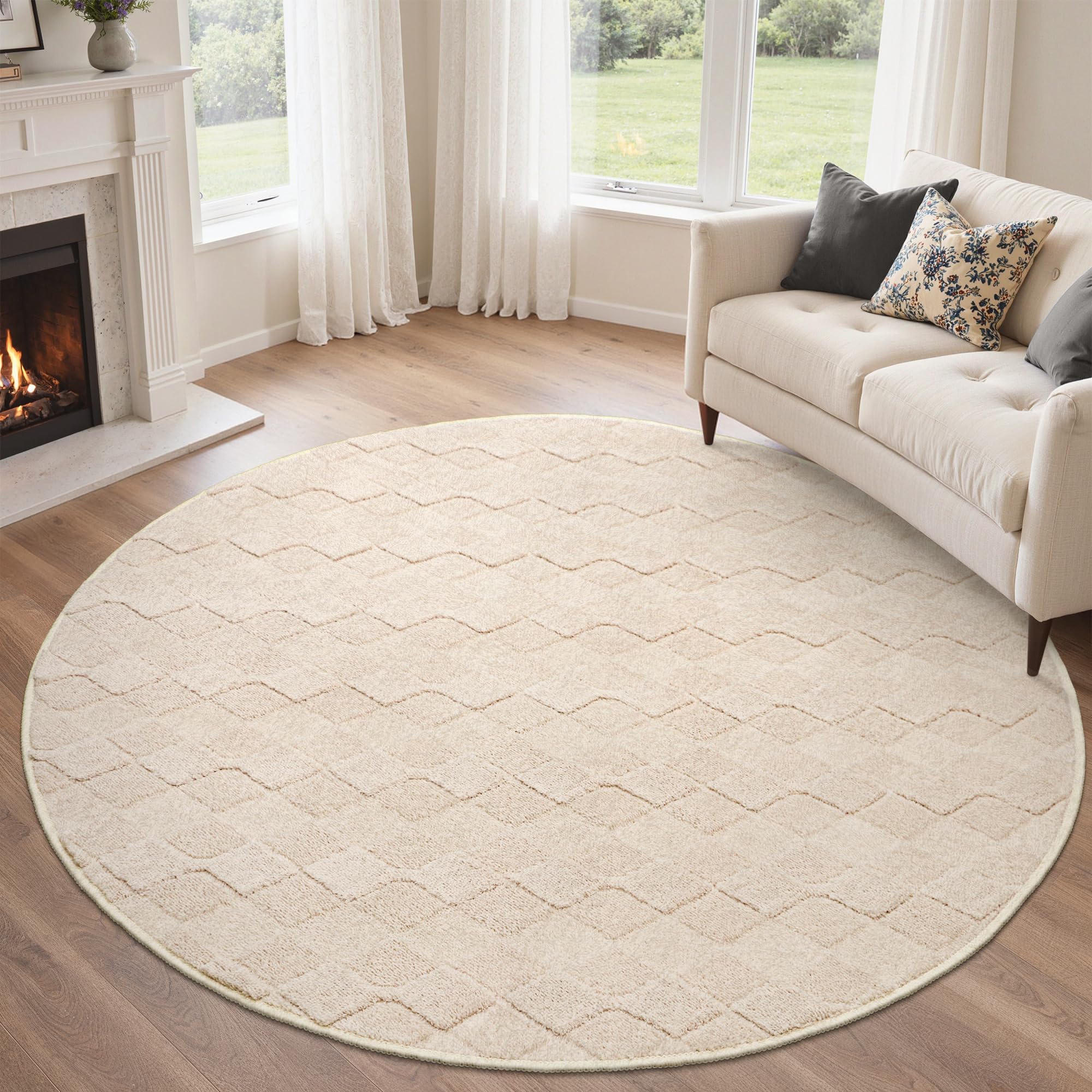 BEIMO Kurzflor Teppich Wohnzimmer Rund 120CM, Flauschiger rutschfest Boho Cream Beige Wohnzimmerteppich mit 3D Optik, Waschbarer Moderner Teppich für Schlafzimmer, Küche&Flur