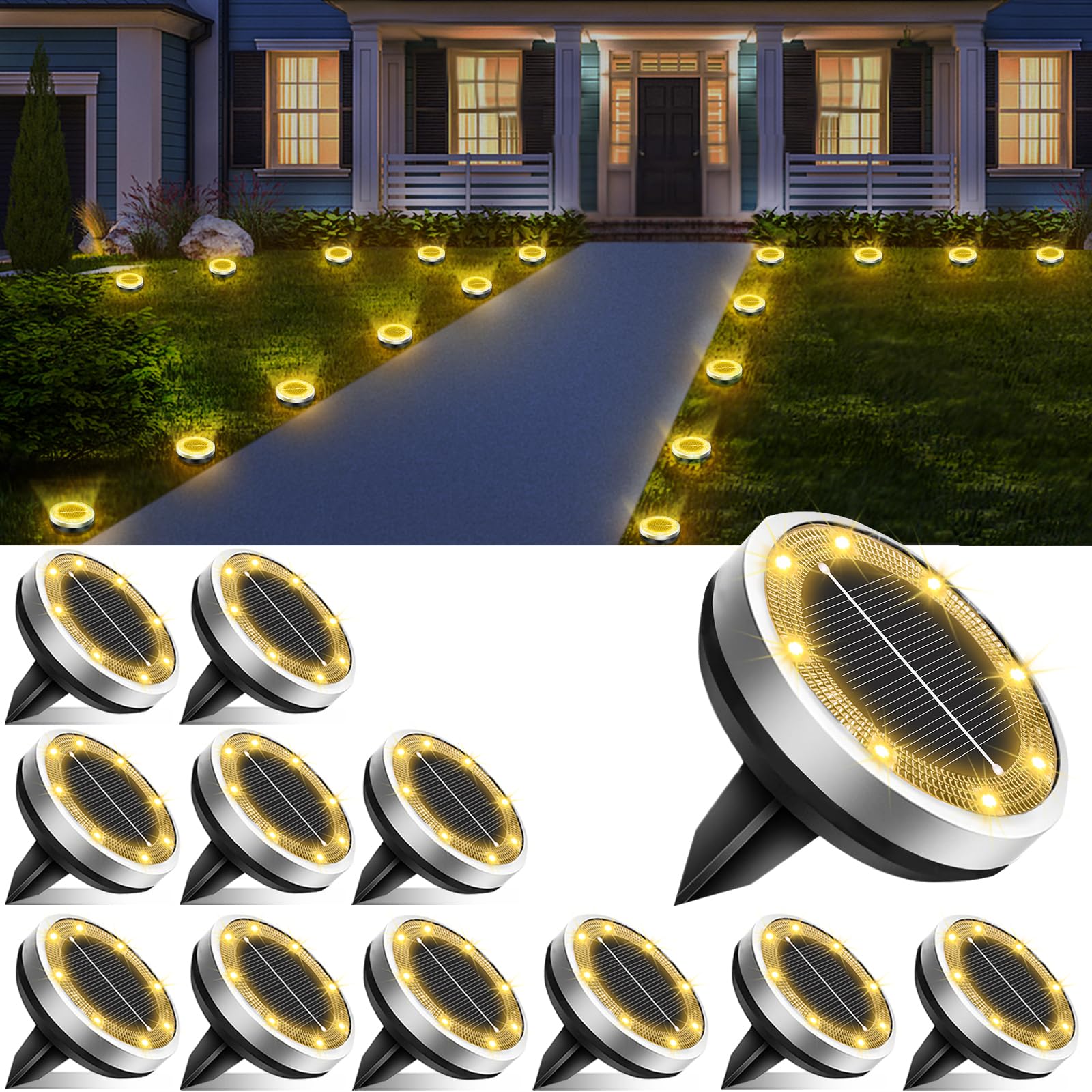 Bowfar 12 Stück Solar Bodenleuchten Aussen, IP65 Wasserdicht Solarlampen 8 LEDs Gartenbeleuchtung Solar Mit Upgrade Solarpanel, Warmweiß Solarleuchten für Garten, Rasen, Gehweg, Patio, Auffahrt