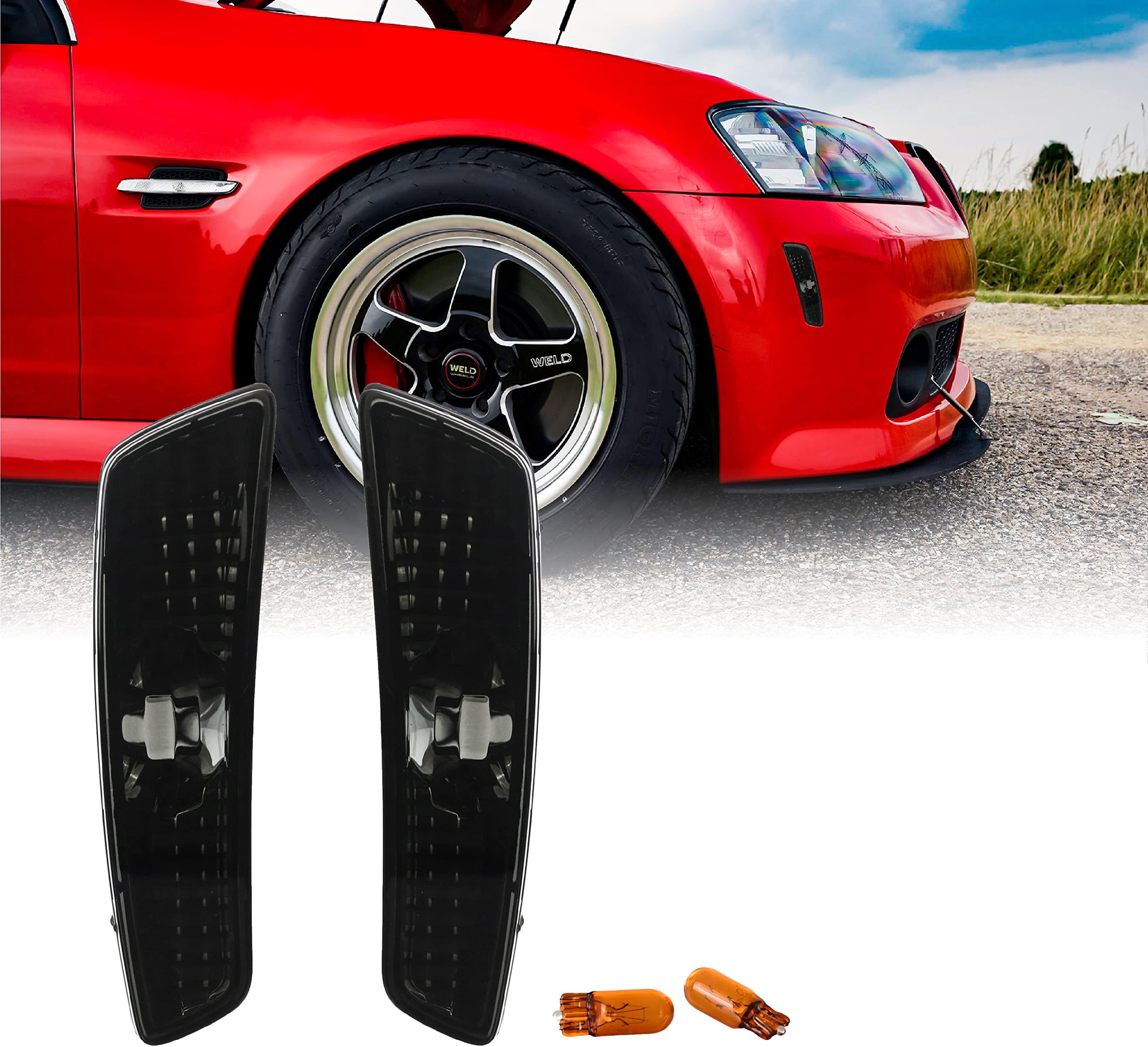 USR 08-09 G8 Side Marker Lights - Smoke Front Bumper Sidemarkers Lamps Set (Left + Right) Compatible with 2008-2009 Pontiac G8 GT GXP (Smoked Lens with Amber Bulbs)