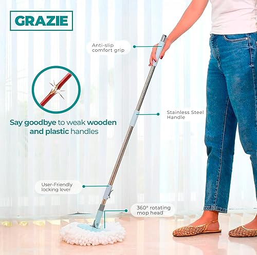 Miniatura 4 de Trapeador giratorio y cubo con ruedas Wringer 360 fregona de microfibra con mango de acero inoxidable, sistema de limpieza autoescurridor, cubo con