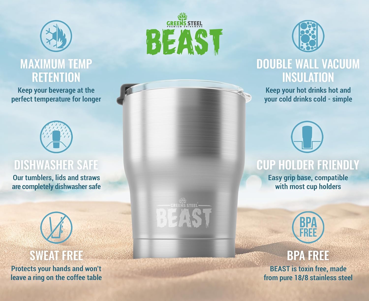 Beast 10 oz Tumbler Stainless Steel Vacuum Insulated Coffee Ice Cup Double Wall Travel Flask (Steel) - Image 2