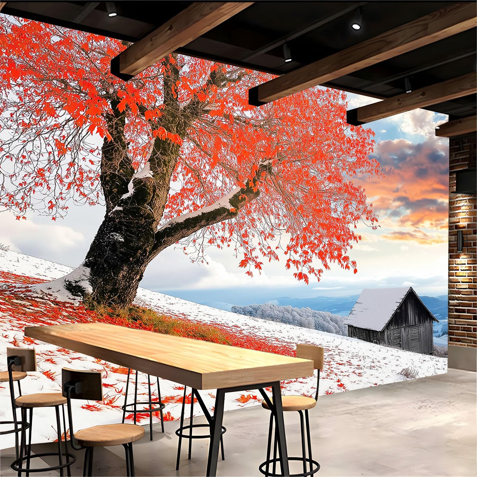 Retrò Carta da Parati Moderna Murale Il rosso lascia il grande albero Carta da Parati Murale 400x280 cm Foto Murale Soggiorno Camera Da Letto Ristorante Rivestimento d'arte Murale Decor