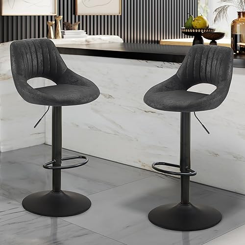 Art Leon Taburetes de bar, juego de 2, sillas de bar modernas de piel sintética retro, taburetes de bar giratorios ajustables con respaldo abierto,