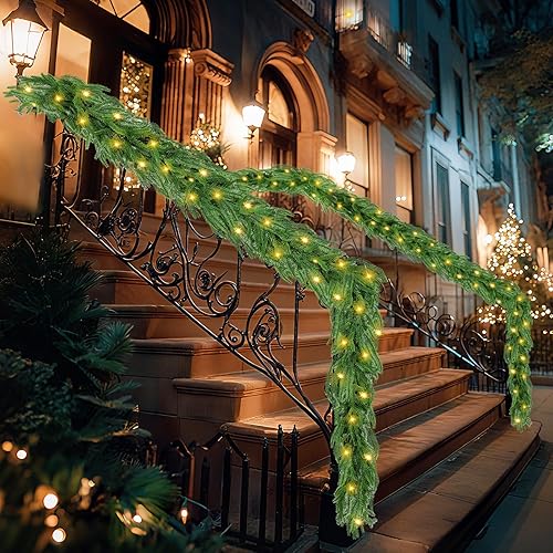 Paquete de 2 guirnaldas de pino Norfolk preiluminadas con luces, guirnalda de Navidad artificial para escaleras, manto, pared, mesa, decoración