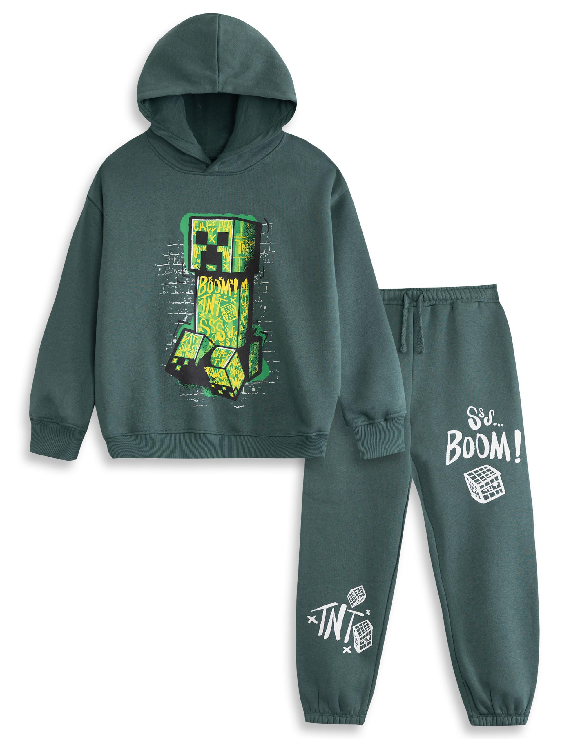 Minecraft Creeper Unisex Kids Dark Green Sweatshirt and Joggers Set | Long Sleeve Crew Neck with 'Boom!' Graphic | Streetwear Loungewear for Playtime Merch - 5-6 Years