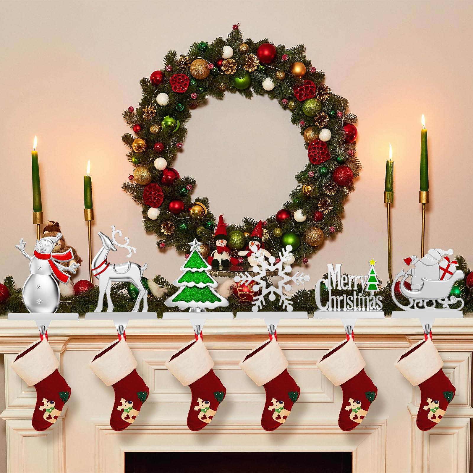 Lot de 6 supports de chaussettes de Noël pour cheminée - Crochets lourds pour cheminée, fenêtres, décorations d'intérieur - Argenté