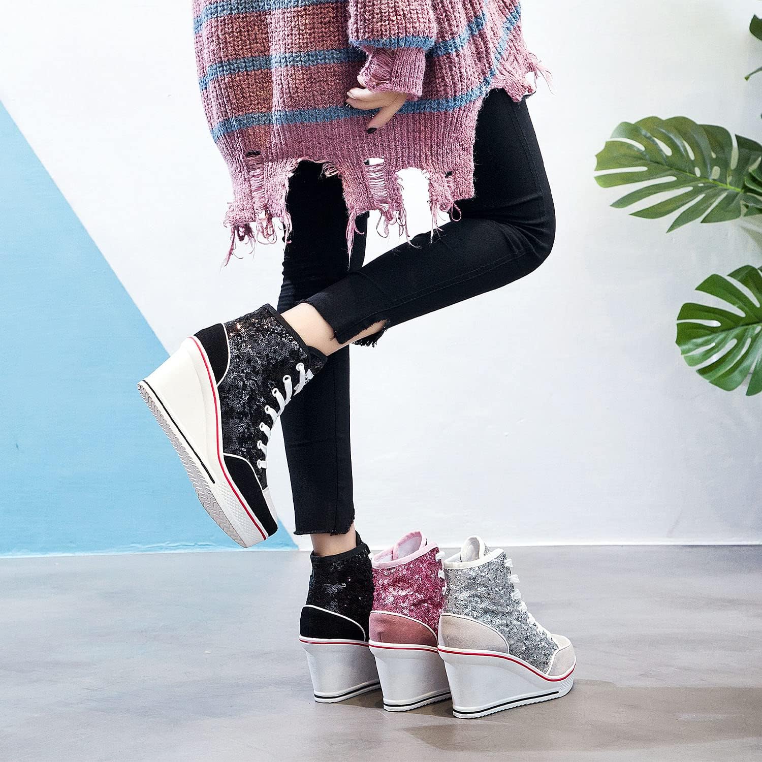 Women's Canvas High-Heeled Bling Shoes Casual Shoes Fashion Sparkling Sneakers for Walking Platform Wedges Pump Shoes - Image 2