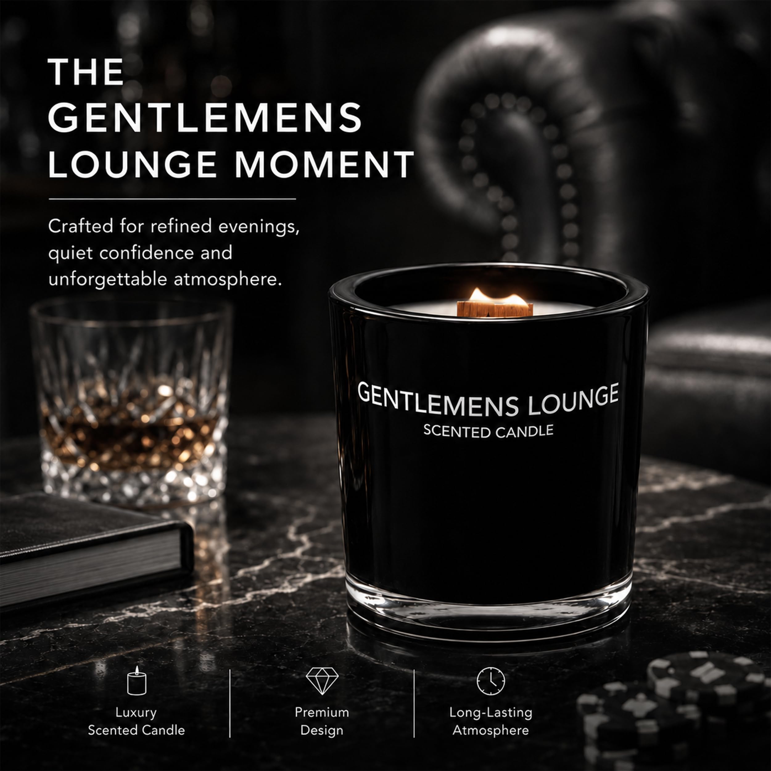 Jeremy Fragrance Kerze Gentleman Lounge | Premium Duftkerze im Glas mit Holzdocht | lange Brenndauer | Schwarz | exquisit und mit lebendigem Guajaköl | Zedernholz, Patschuli, Eukalyptus