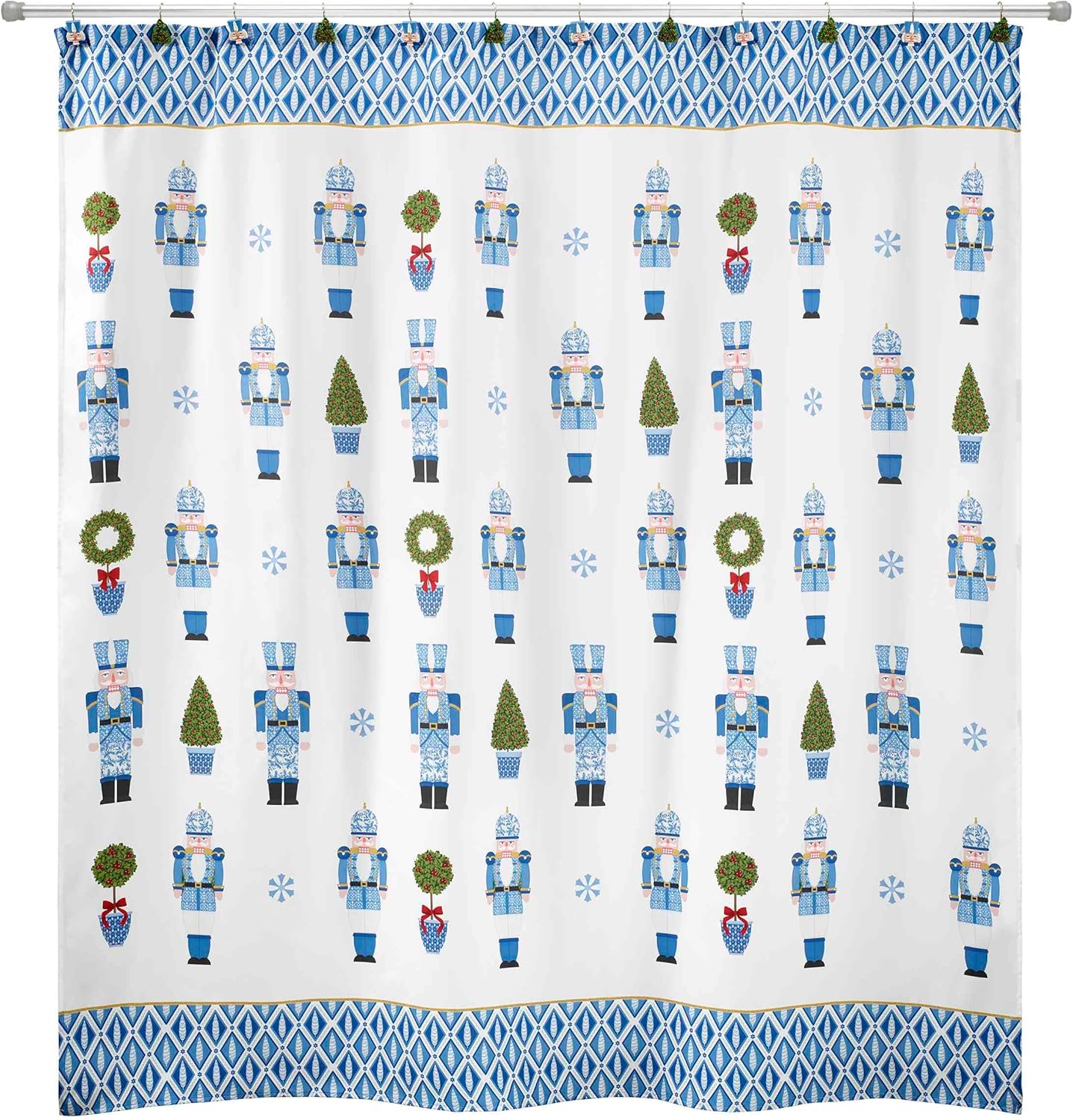 Avanti Linens- Shower Set, Fabric Shower Curtain & 12pc Curtain Hooks, Christmas Decorations (Nutcracker Trellis Collection)