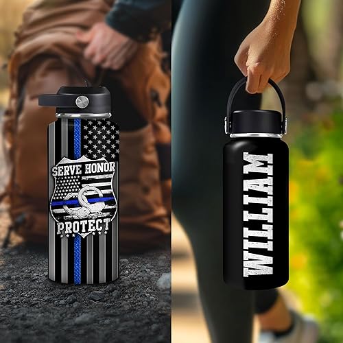 Vista 36 de Hyturtle Botella de agua personalizada de policía, botella de acero inoxidable aislada de 18 onzas, 32 onzas, bandera de línea azul fina, regalo