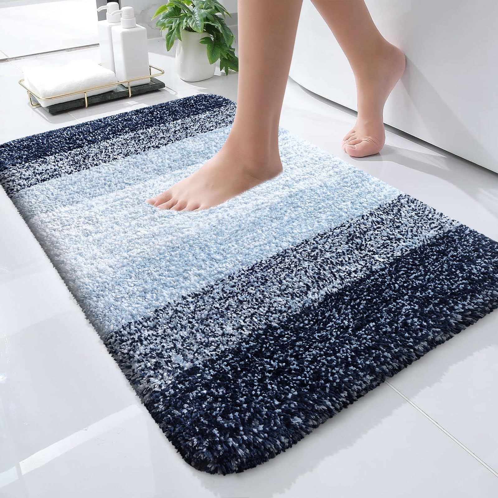 OLANLY Small Bathroom Rugs 24x16, Extra Soft Absorbent Microfiber Bath Rugs | Navy Blue, Non-Slip Quick-Drying Rubber Backing, Washable Plush Bath Mat for Floor, Tub and Shower, Home Decor Accessories