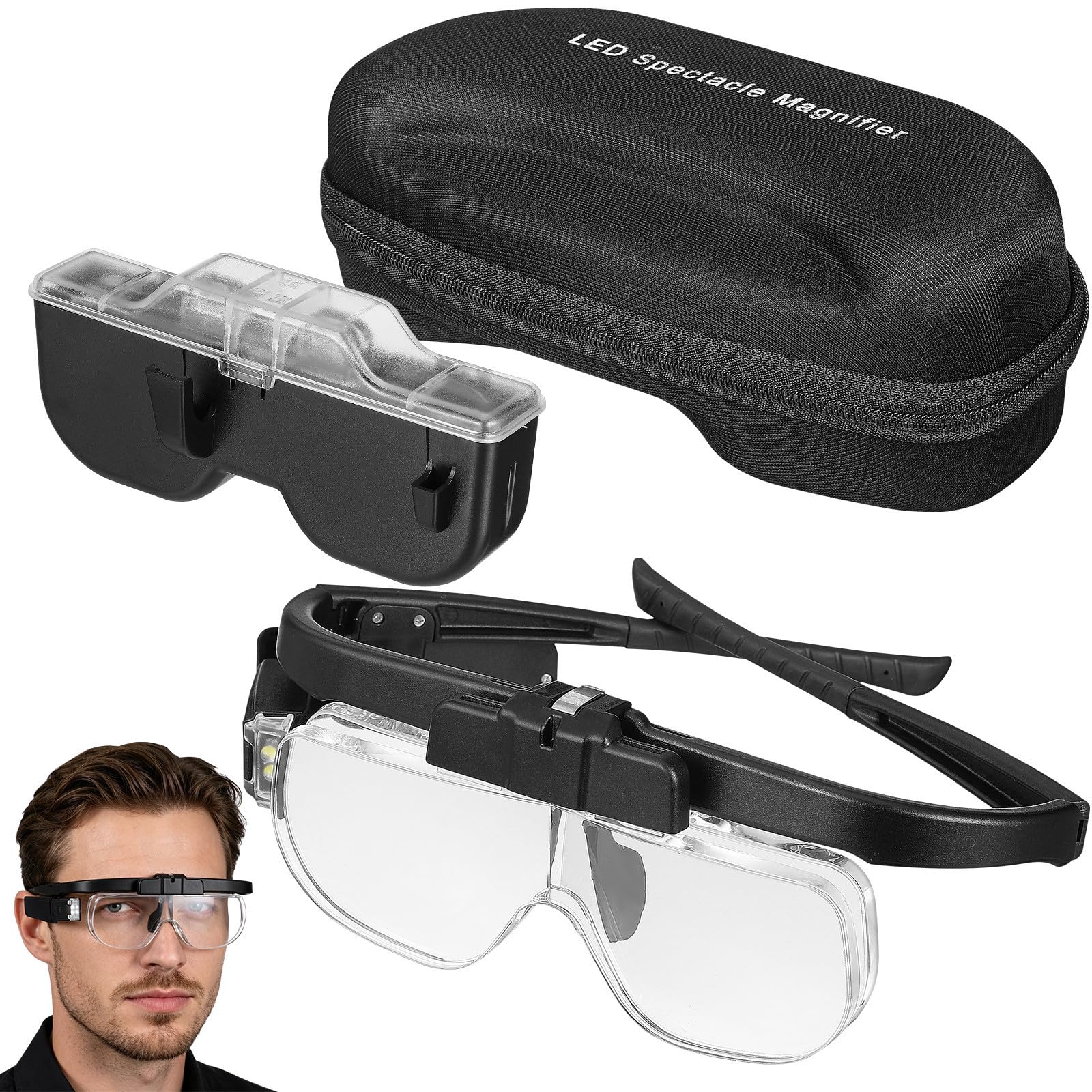 ULTECHNOVO Gafas Lupa Diseño Ligero Abs y Acrílico Manos Libres con Luz LED Recargable USB con Comodidad para Lectura, Reparación y Trabajos Detallados