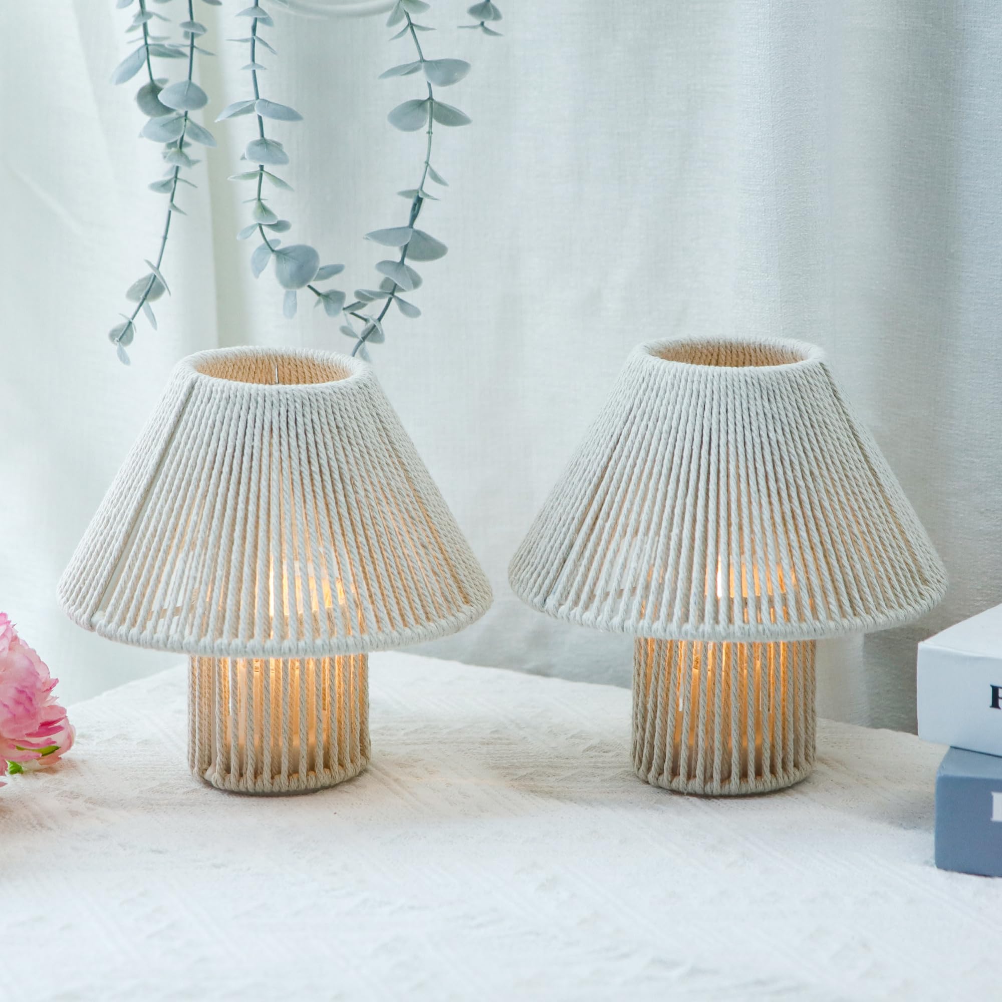 TRIROCKS Geflochtene Baumwollschnur LED Tischlampe ohne Kabel 2er Set, 18 cm hoch, batteriebetriebene Schreibtischlampe, Boho-Nachttischlampen für Wohnzimmer, Schlafzimmer, Hochzeiten, Patio