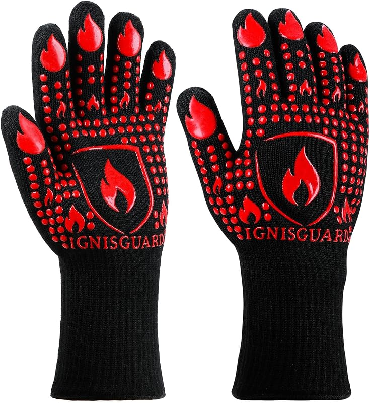 IGNISGUARD® BBQ Gloves, Heat Resistant Grill Gloves, 1 Pair, Red (L) | EN407:2020 tested with textured silicone grip, three-layer construction and long knit cuff for added wrist coverage.