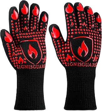 BBQ & Grill Gloves, Oven Gloves, 1472F Silicone Oven Mitts Heat Resistant Grilling Gloves Fireproof Non-Slip for Barbecue Cooking Baking Smoking, 1-Pair RedL