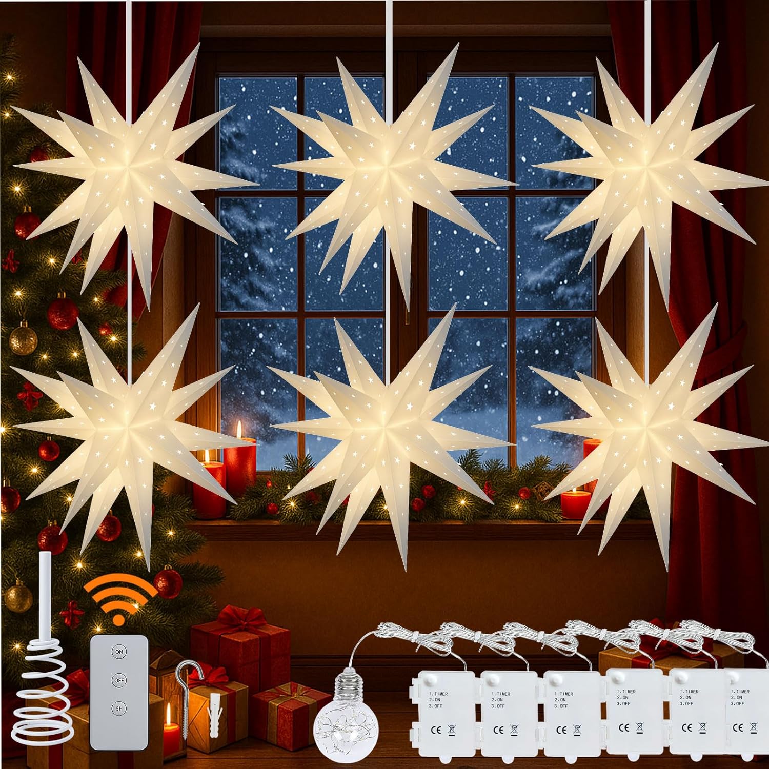 6 Pack 23" Large Moravian Star Outdoor Light, Moravian Star Christmas Tree Topper Lighted Battery Operated, Remote Control Hanging Outdoor Light for Advent, Courtyard, Porch-White Cutout