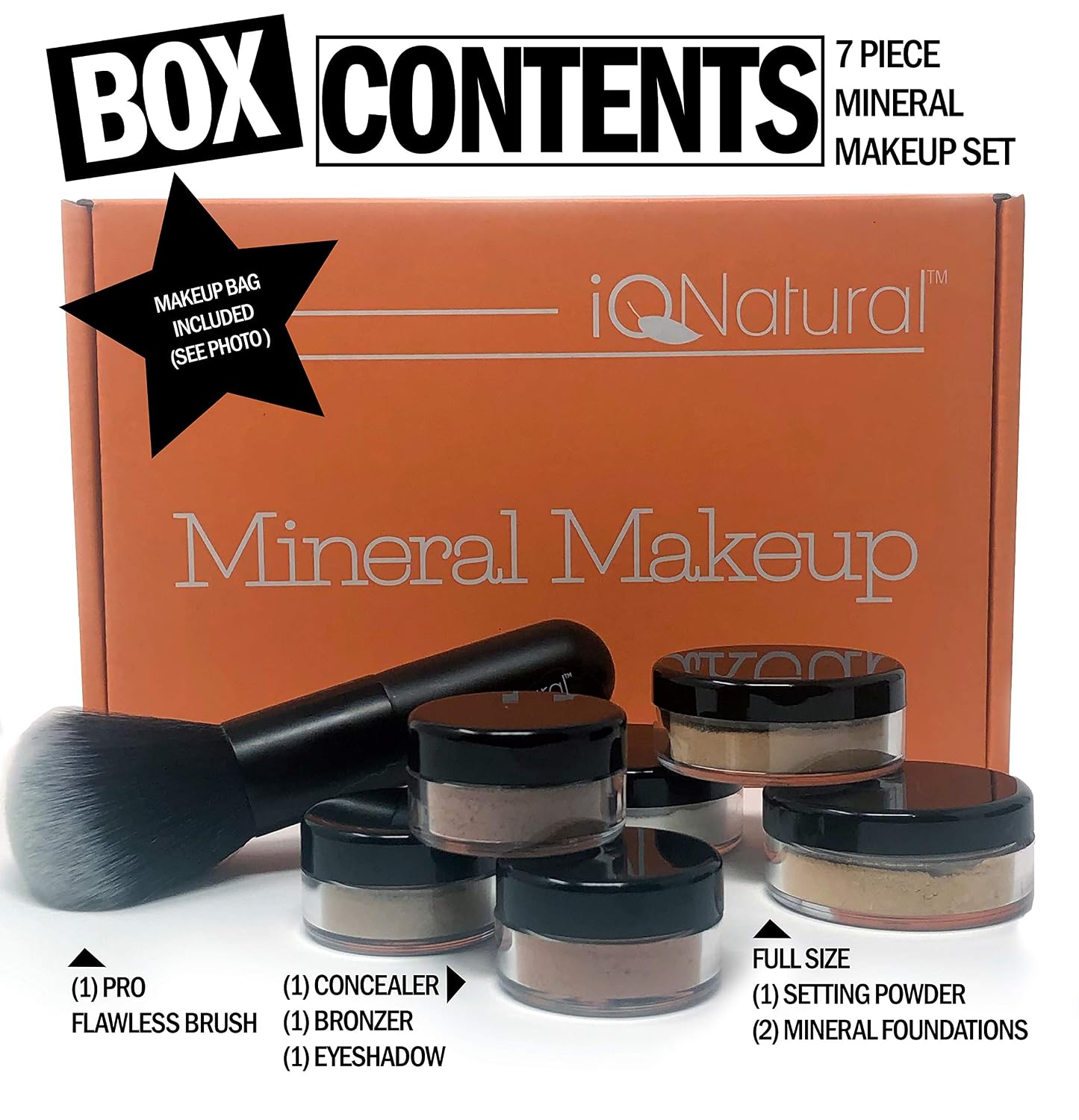IQ Natural Large Mineral Makeup Kit 12pc (MEDIUM shade) - Concealer, Bronzer, Eye Shadow, Setting Powder, 2 Full Size Mineral Foundation - Create A Natural Flawless Look