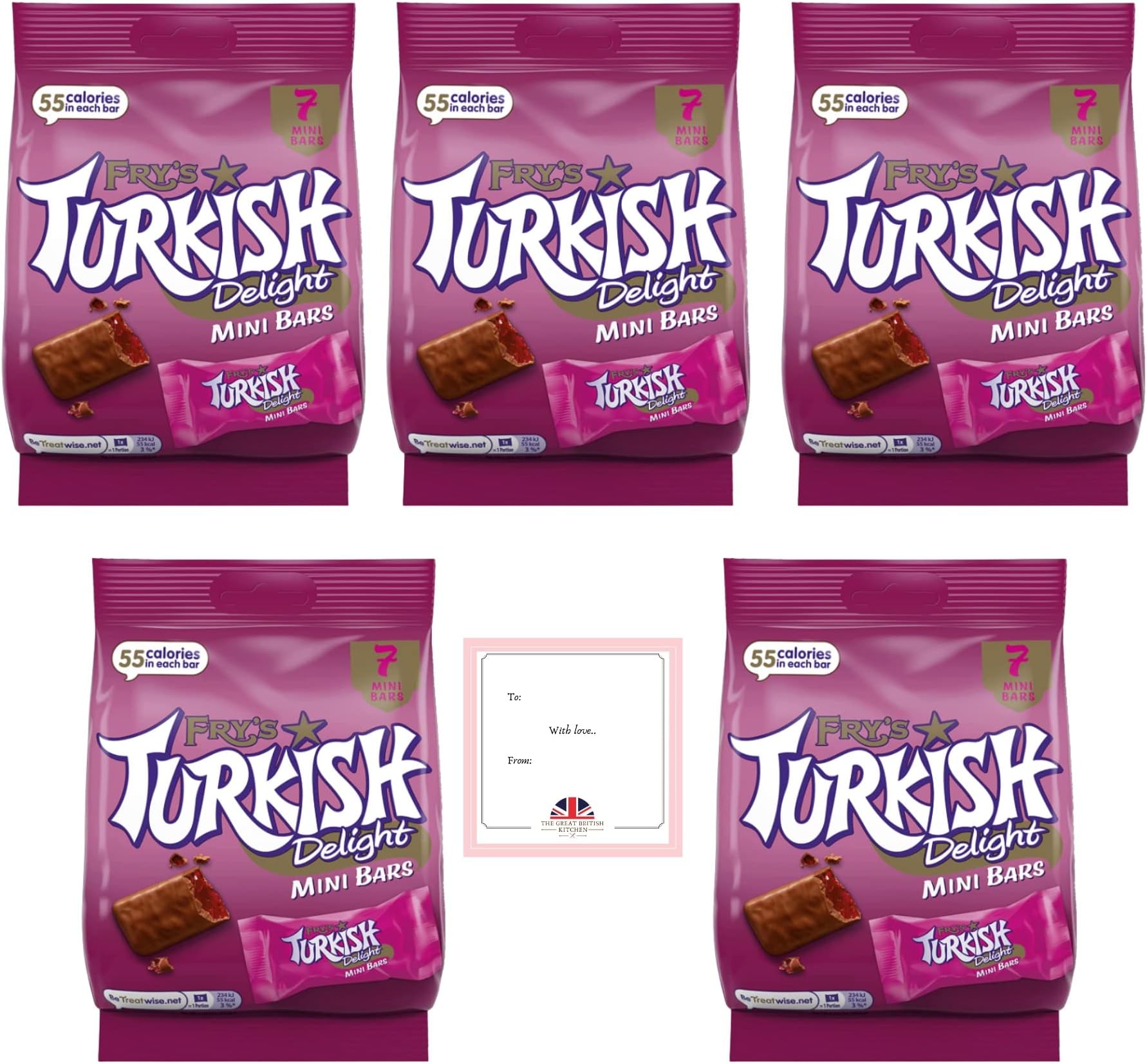 Fry's Turkish Delight Mini Chocolate Bars 105g Pack of 5 - Each pack contains 7 Frys Turkish Delight Mini Bars - Total of 35 Turkish Delight Mini Bars by TGBK - Turkish Delight Gift Box