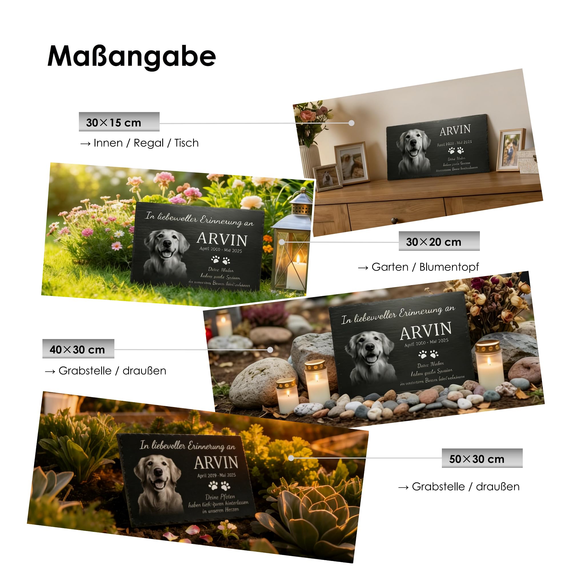 Hundegrabstein aus Schiefer – Personalisierter Grabstein für Hunde mit Foto & Gravur – Wetterfeste Gedenktafel für draußen mit Namen & Wunschtext – inkl. Pfoten-Schlüsselanhänger