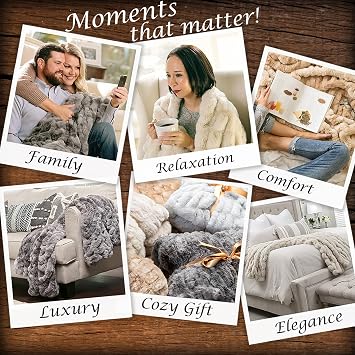 Chanasya Premium Ruched Faux Fur Throw Blanket - Luxurious, Soft Reversible Mink Blanket - 50 x 65 - Cloud